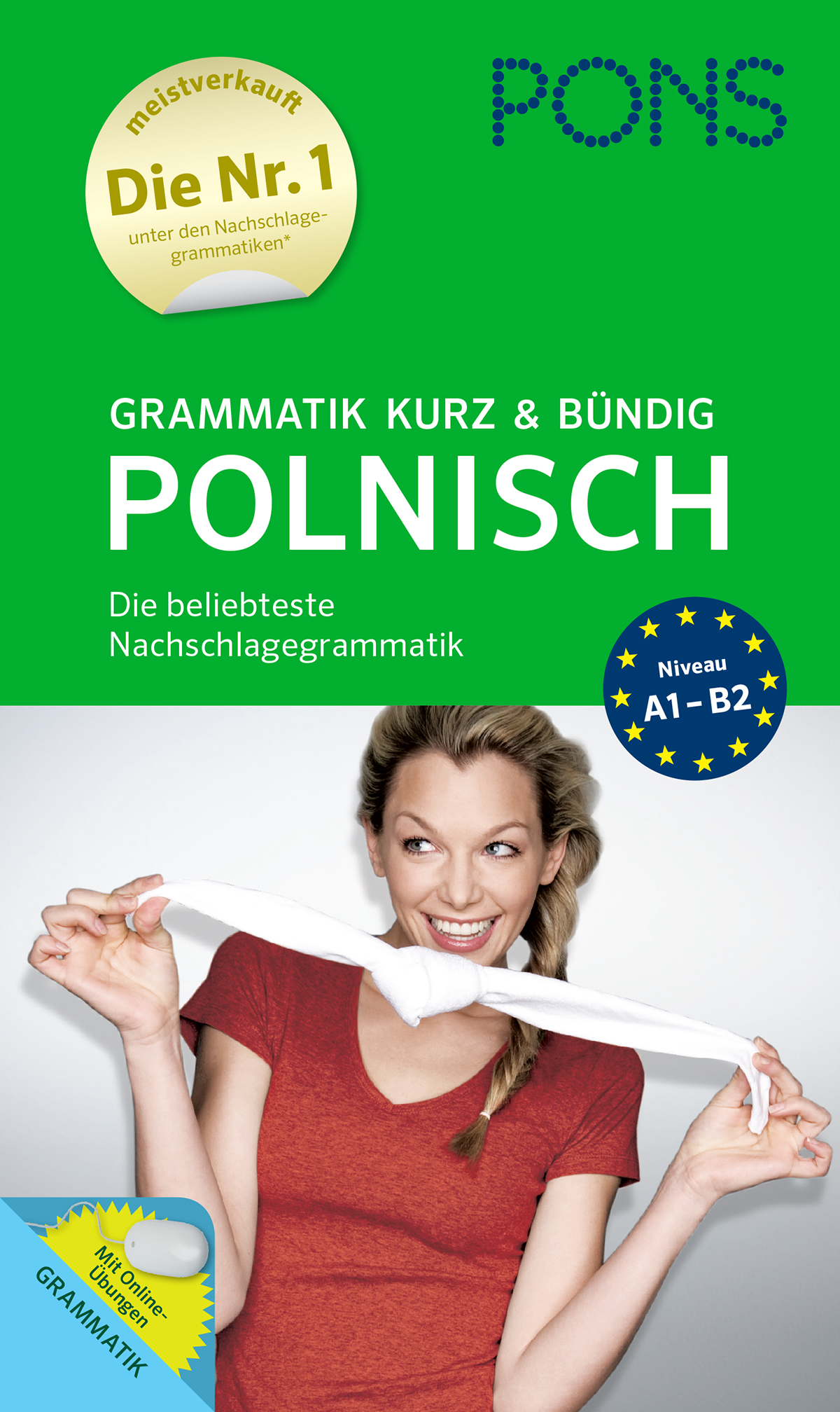 Eine Frau in einem roten Hemd zieht am Kragen eines weißen T-Shirts. Das Buchcover wirbt für einen polnischen Grammatikführer von PONS für die Stufen A1 bis B2.
