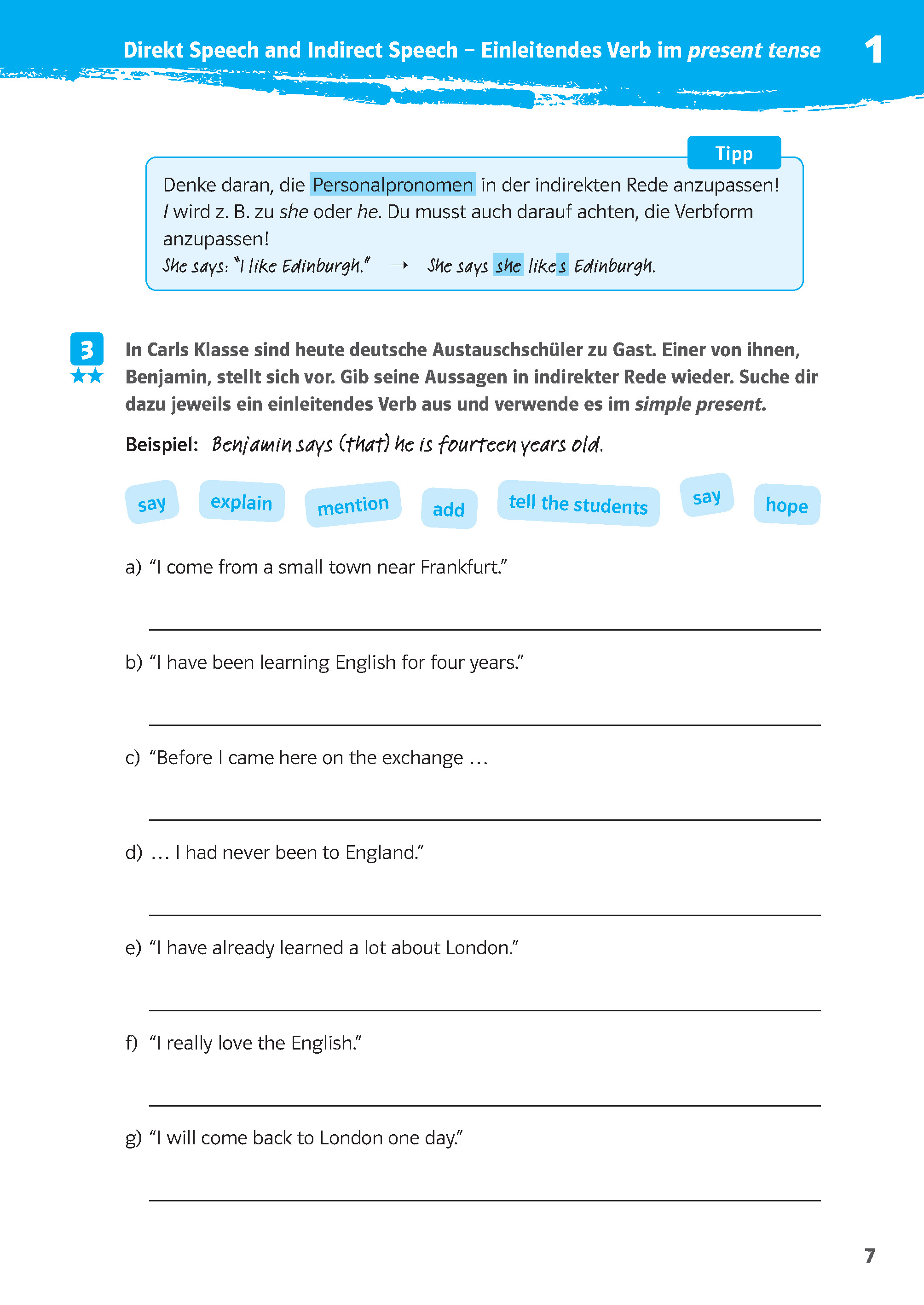 Klett 10-Minuten-Training Englisch Direct Speech - Indirect Speech 7./8. Klasse