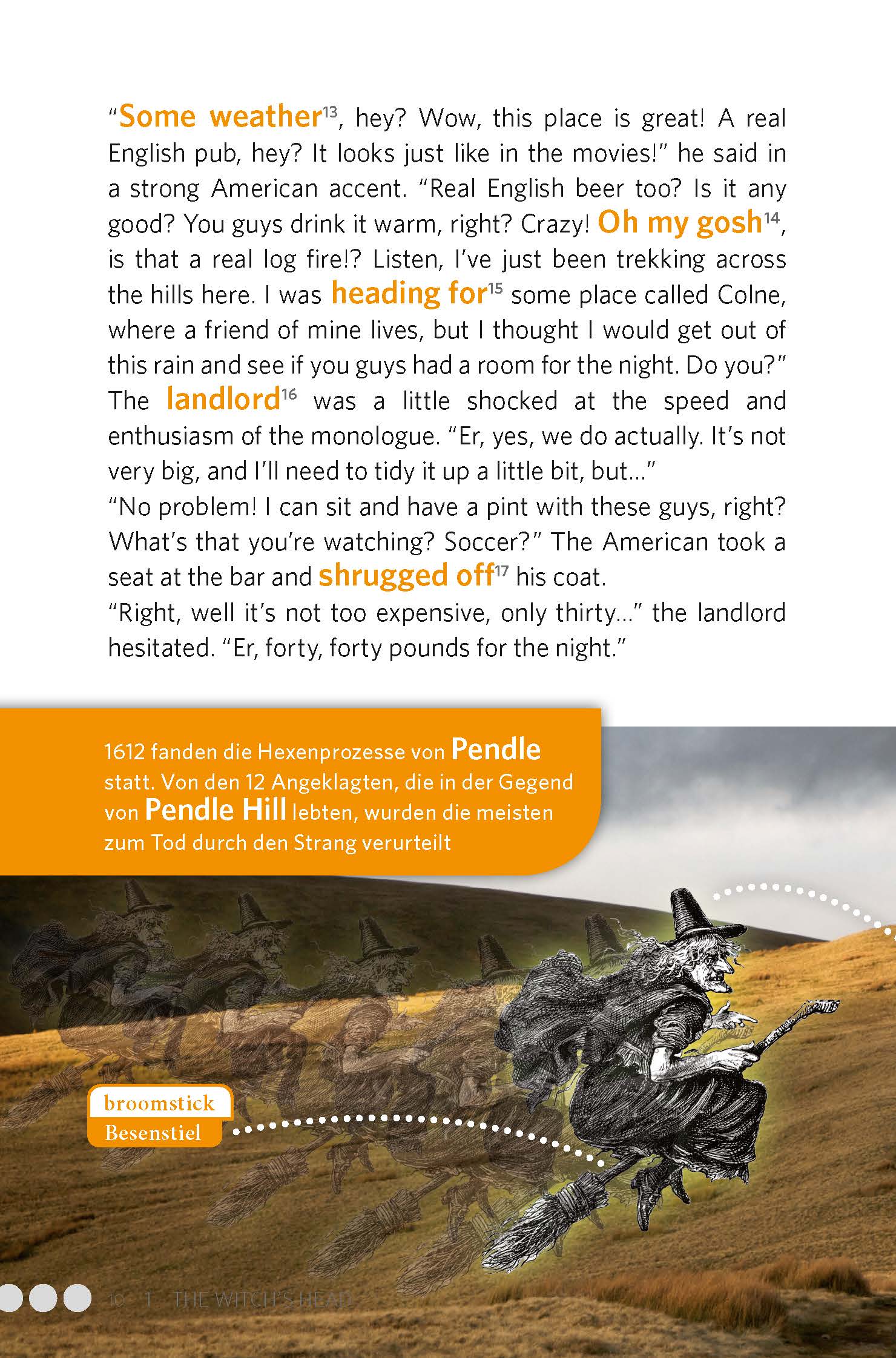 Eine Seite aus einem Buch mit hervorgehobenem englischem und deutschem Text, in dem es um Wetter, Fußball und Pub-Kultur geht; mit orangefarbenen Textkästen mit historischen Fakten über Pendle.