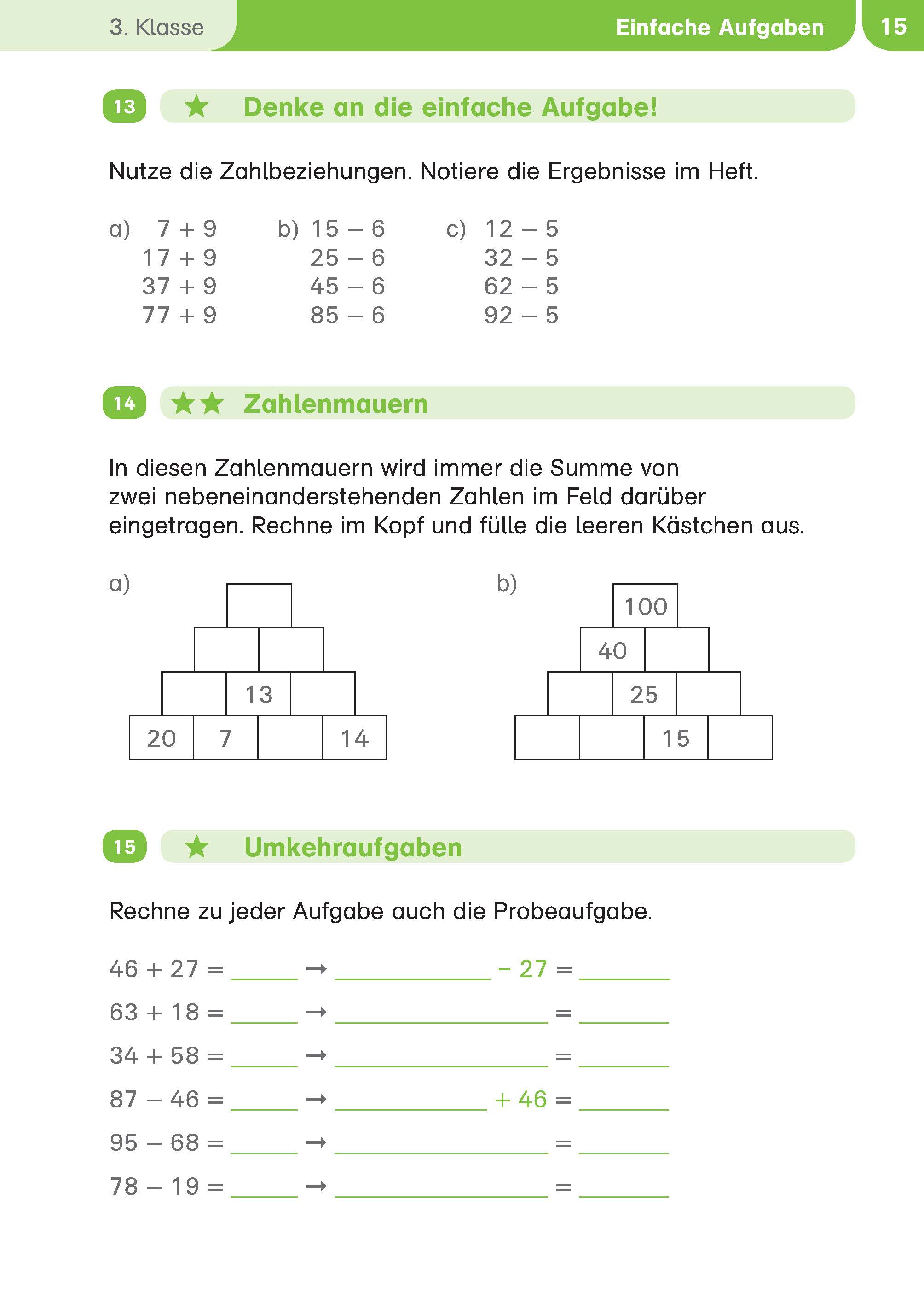 Ein deutsches Mathe-Arbeitsheft mit Zahlengleichungen, Zahlenpyramiden und Umkehrrechnungen für Schüler der 3. Klasse.