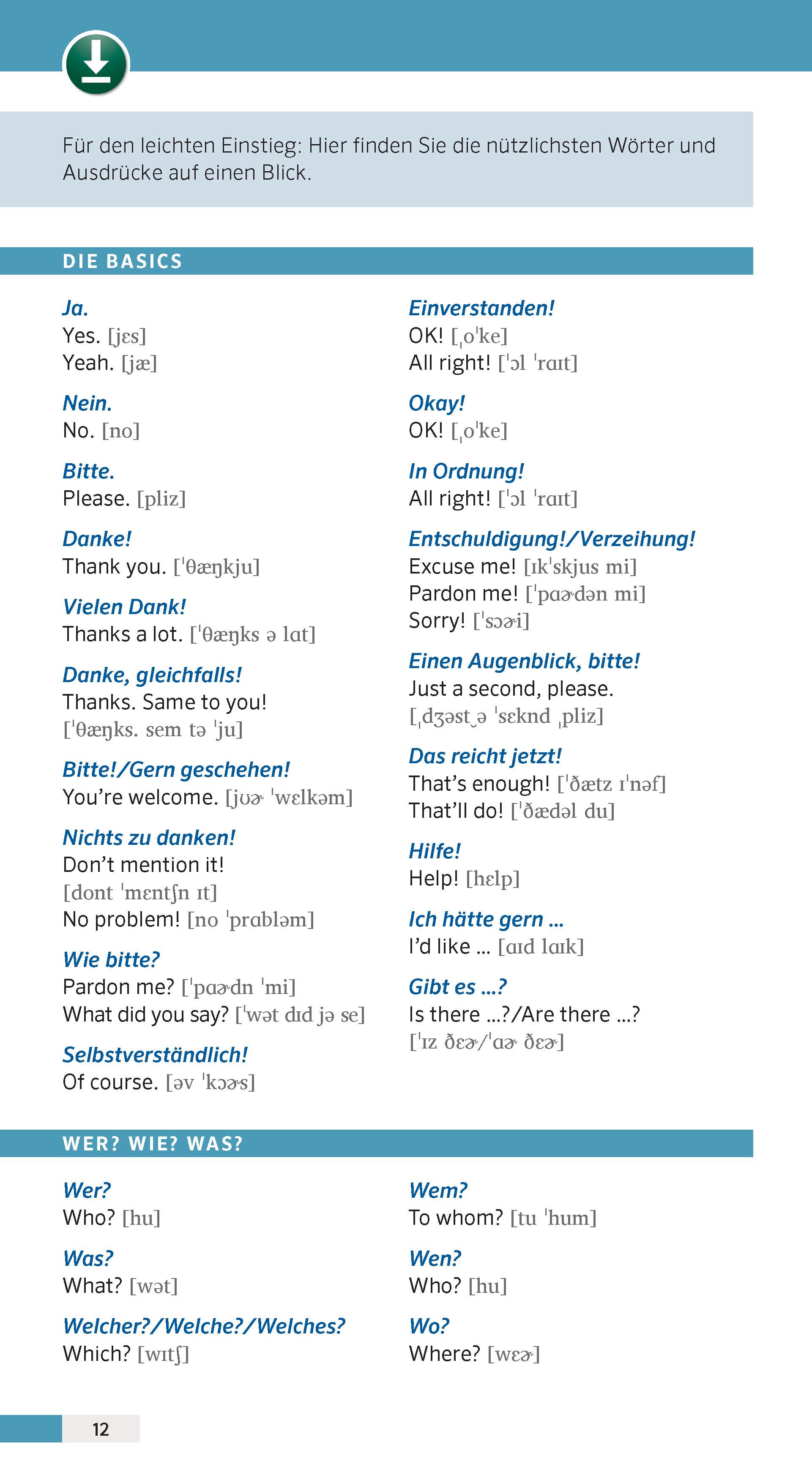 Eine deutsch-englische Phrasenliste zeigt grundlegende Wörter und Ausdrücke wie Begrüßung, Dank, Entschuldigung und Fragen, die zum schnellen Nachschlagen in Spalten angeordnet sind.