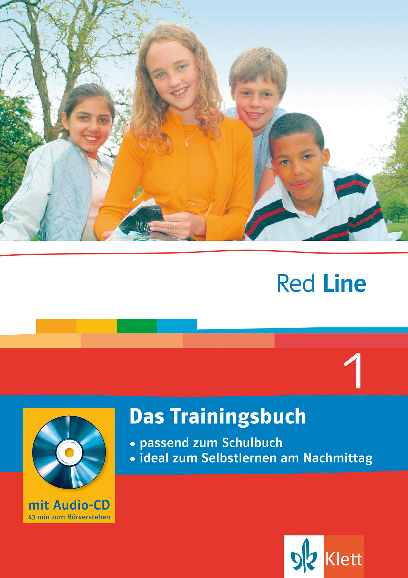 Vier lächelnde Kinder posieren im Freien über dem Umschlag eines deutschen Arbeitsbuchs mit dem Titel Red Line 1 Das Trainingsbuch, das eine Abbildung einer Audio-CD und das Logo des Klett-Verlags zeigt.