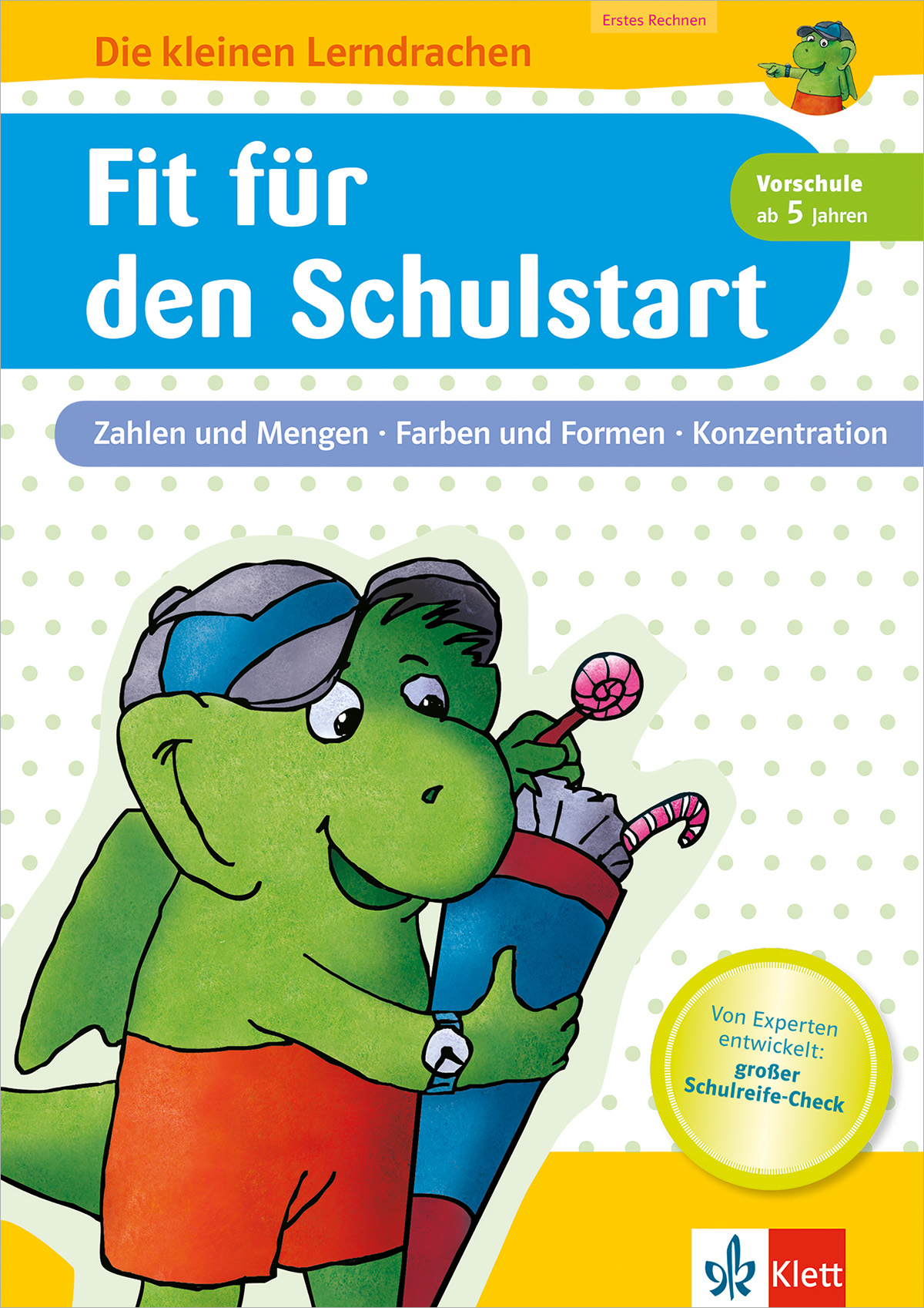 Ein Cartoon-Drache, der ein Federmäppchen trägt, winkt auf dem Cover eines deutschen Arbeitsbuchs mit dem Titel Fit für den Schulstart für Kinder ab 5 Jahren.