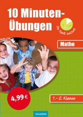 Buchumschlag für 10 Minuten-Übungen: Mathe mit lächelnden, winkenden Kindern, Preisschild 4,99 €, und Etikett für die Klassenstufen 1-2, auf rotem und grünem Hintergrund.