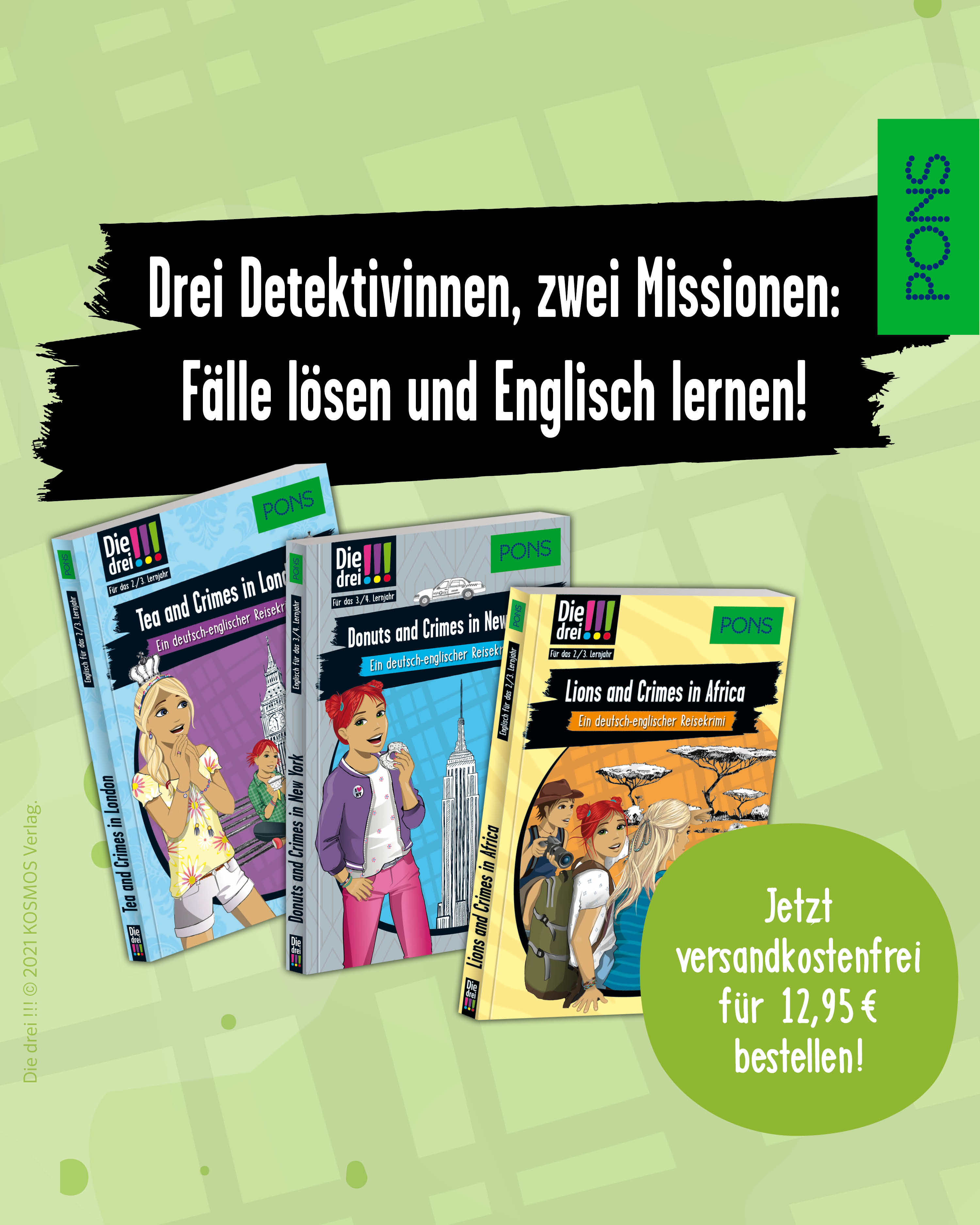 Drei illustrierte Englisch-Lernbücher für Kinder, in denen es um Mädchen-Detektive geht, werden mit einem Werbetext des PONS-Verlags vorgestellt.