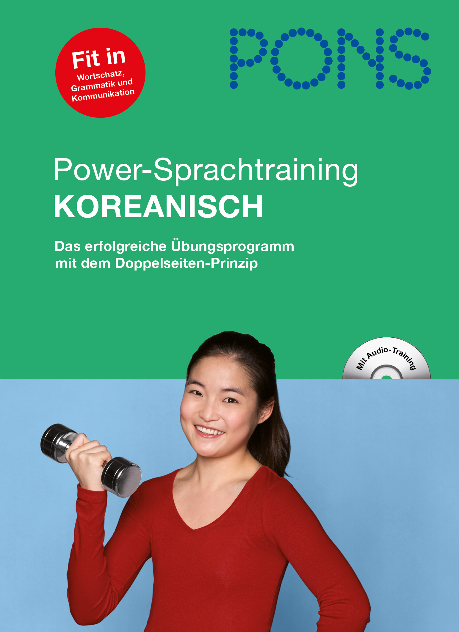 Eine lächelnde Frau in einem roten Hemd hält eine Hantel. Auf dem Buchdeckel steht Power-Sprachtraining KOREANISCH mit zusätzlichem Text über ein Audio-Trainingsprogramm.