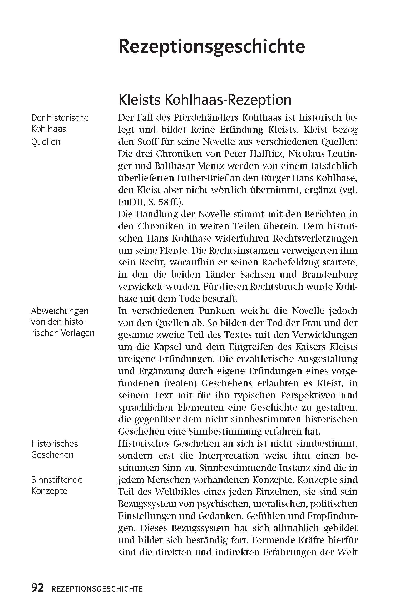 Eine Seite aus einem deutschen Buch über die Rezeptionsgeschichte von Heinrich von Kleists Novelle Die Marquise von O... mit Ausschnitten und Verweisen auf historische Quellen.