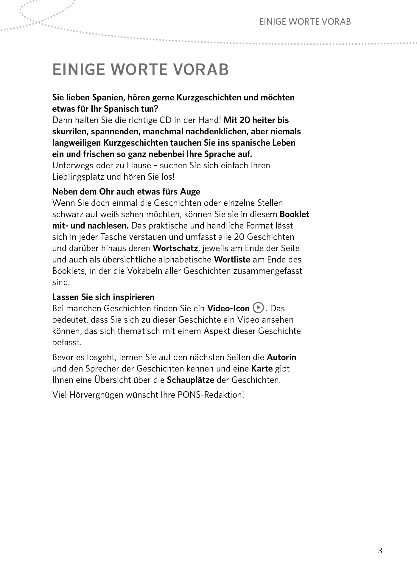 Eine deutsche Textseite mit dem Titel EINIGE WORTE VORAB erklärt die Vorteile von spannenden spanischen Kurzgeschichten für das Sprachenlernen und schlägt vor, sie zu Hause oder auf Reisen zu hören.