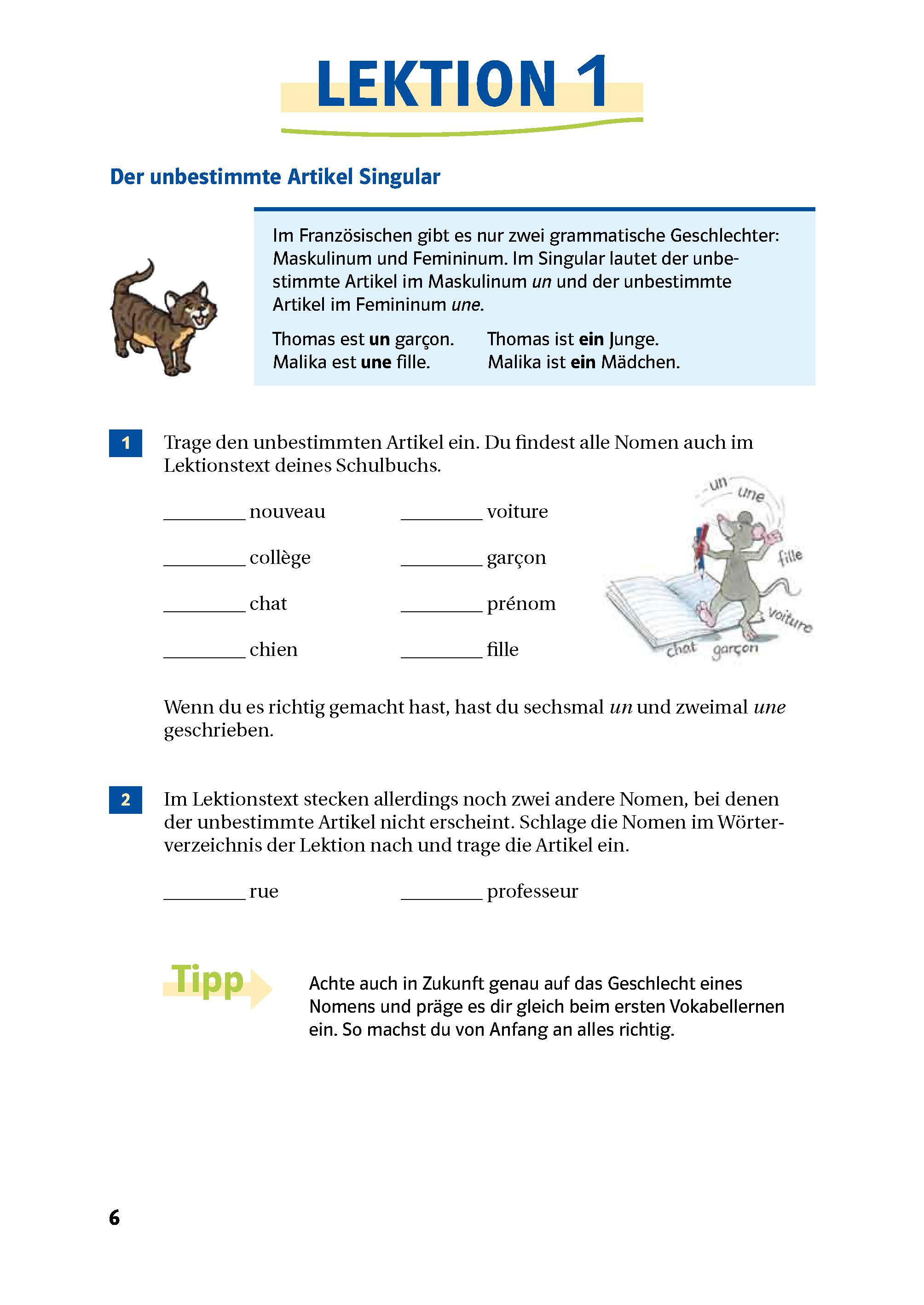 Eine deutsche Lehrbuchseite mit dem Titel Lektion 1 erklärt den Gebrauch von unbestimmten Artikeln im Französischen, mit Beispielsätzen, einer Vokabelliste, Übungen und einer Tipp-Box.