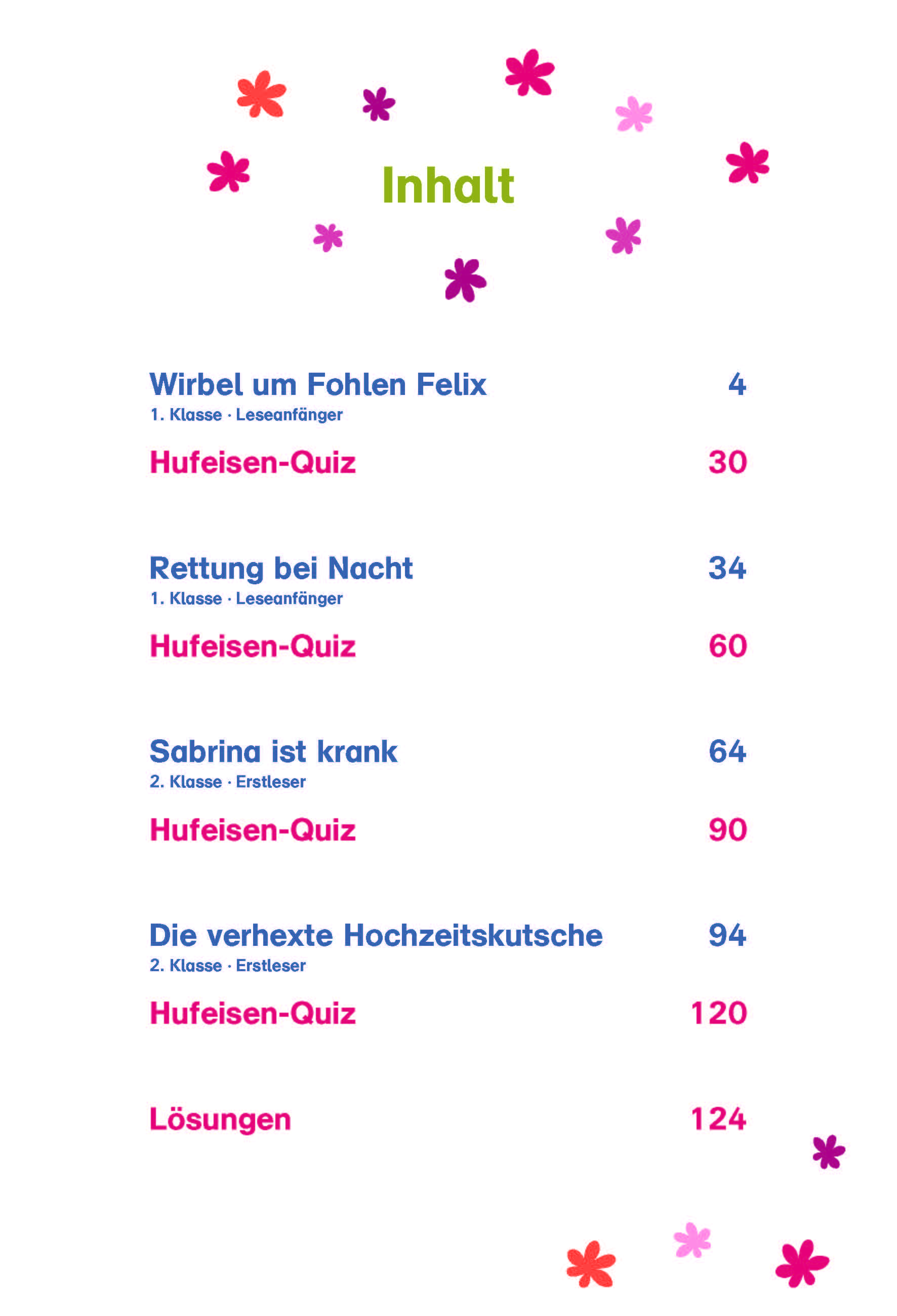 Inhaltsverzeichnis mit buntem Blumenschmuck, Auflistung der Geschichtstitel, Seitenzahlen und Quizabschnitte für die Klassen 1 und 2 in deutscher Sprache.