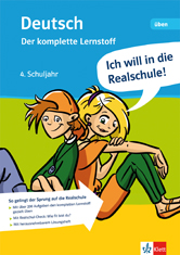 Zwei Cartoon-Schüler sitzen auf dem Boden, einer hat den Arm um den anderen gelegt. Der Umschlagtext ist für ein Deutschlernbuch für das 4. Schuljahr, das sich auf die Vorbereitung auf die Realschule konzentriert.