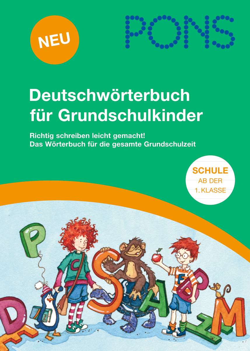 Umschlag eines deutschen Wörterbuchs für Grundschulkinder von PONS, mit einer illustrierten Kindergruppe zwischen großen bunten Buchstaben und dem Titeltext in Deutsch.