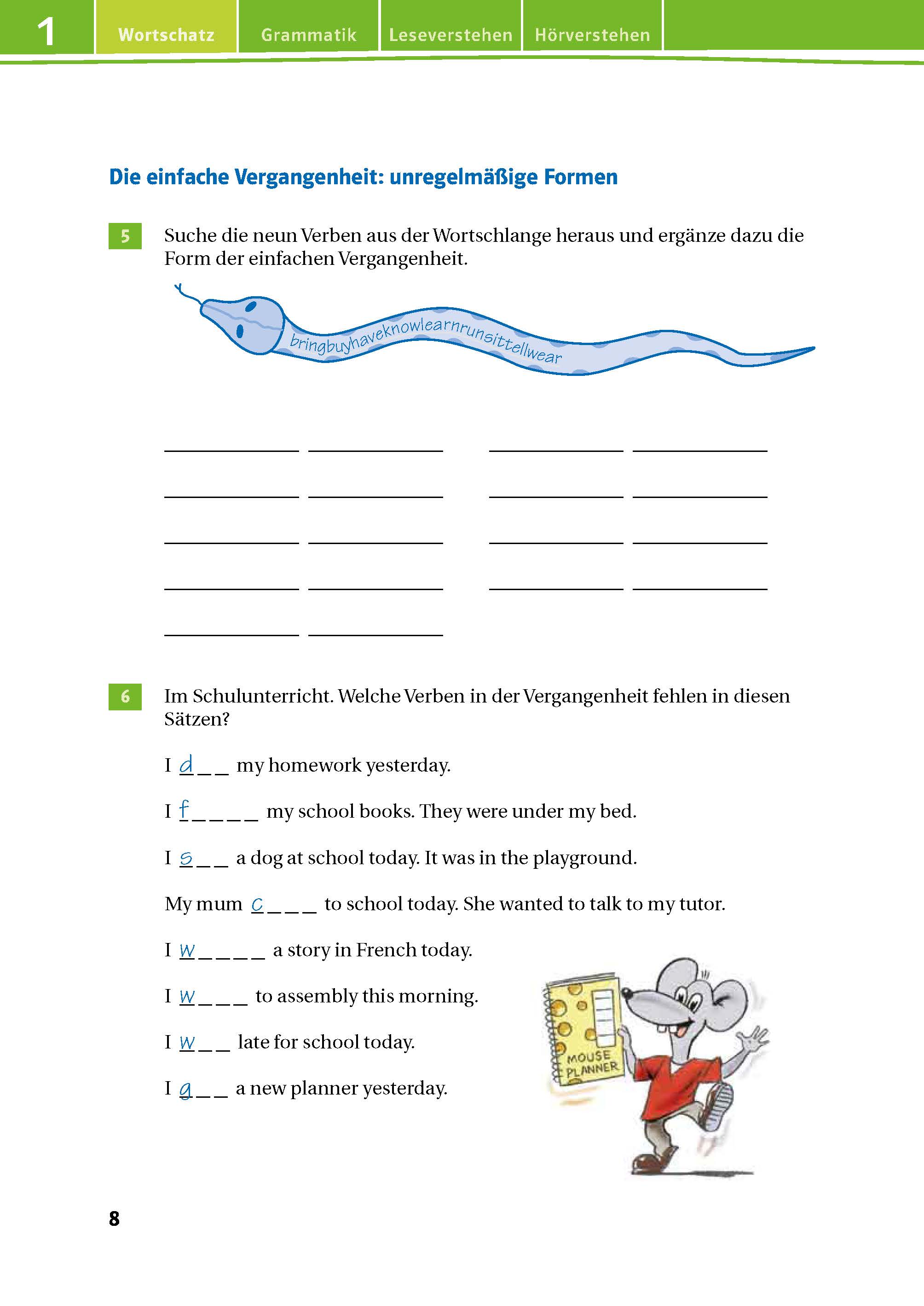 Eine Seite des Arbeitsbuchs Deutsch mit Übungen zu unregelmäßigen Verben in der Vergangenheitsform, ausfüllbaren Sätzen und einer Wortwolke in Form eines Hundes.