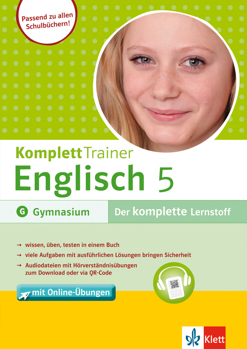 Buchcover für den KomplettTrainer Englisch 5 Gymnasium mit einem lächelnden Mädchengesicht, Text zum Englisch-Lernmaterial und Symbolen für Online-Übungen und Audio-Inhalte.