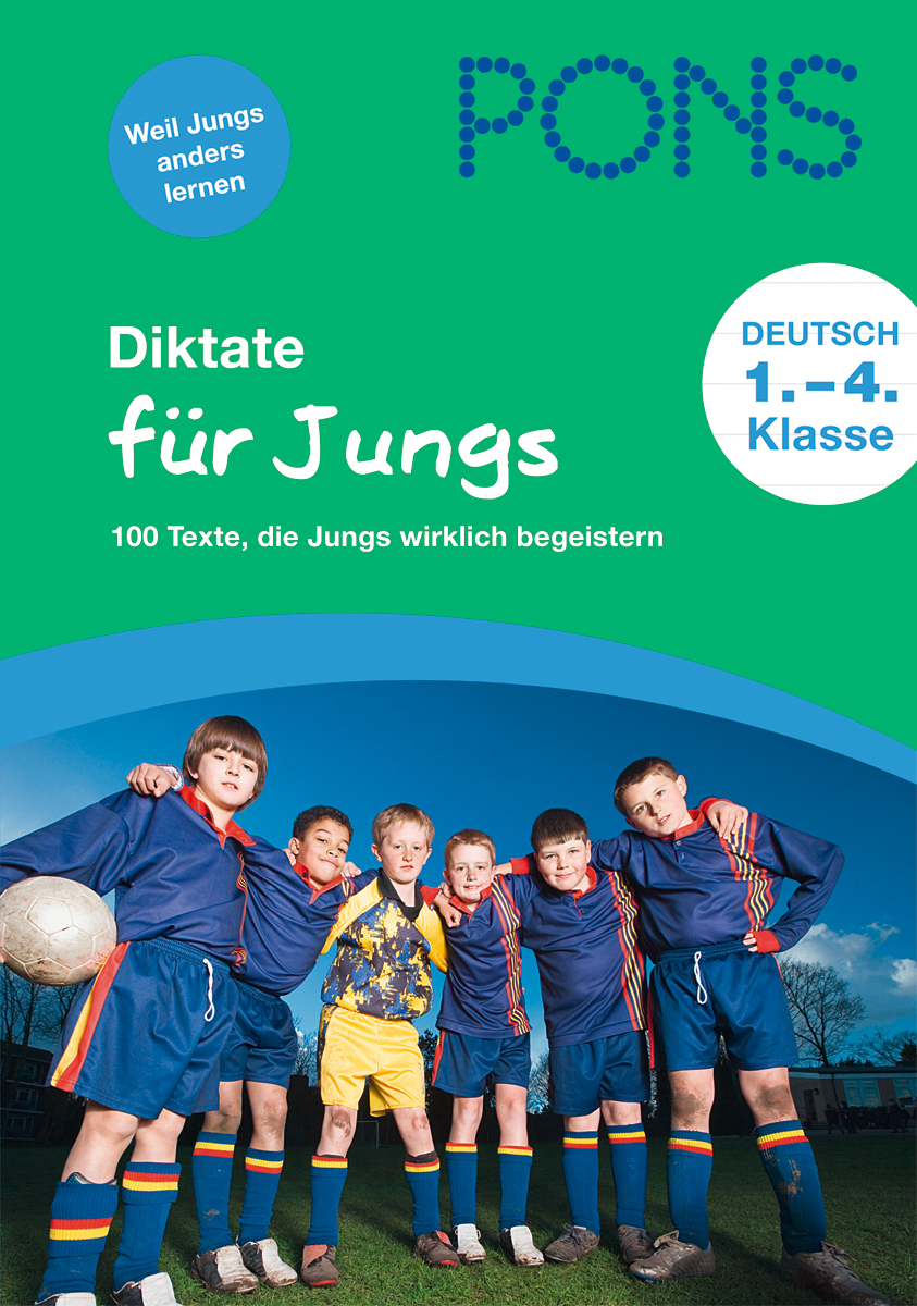 Eine Gruppe von sechs Jungen in blauen Fußballtrikots posiert auf einem Feld, wobei ein Junge einen Fußball hält. Der Buchumschlag wirbt für deutsche Diktattexte für Jungen der Klassen 1 bis 4.