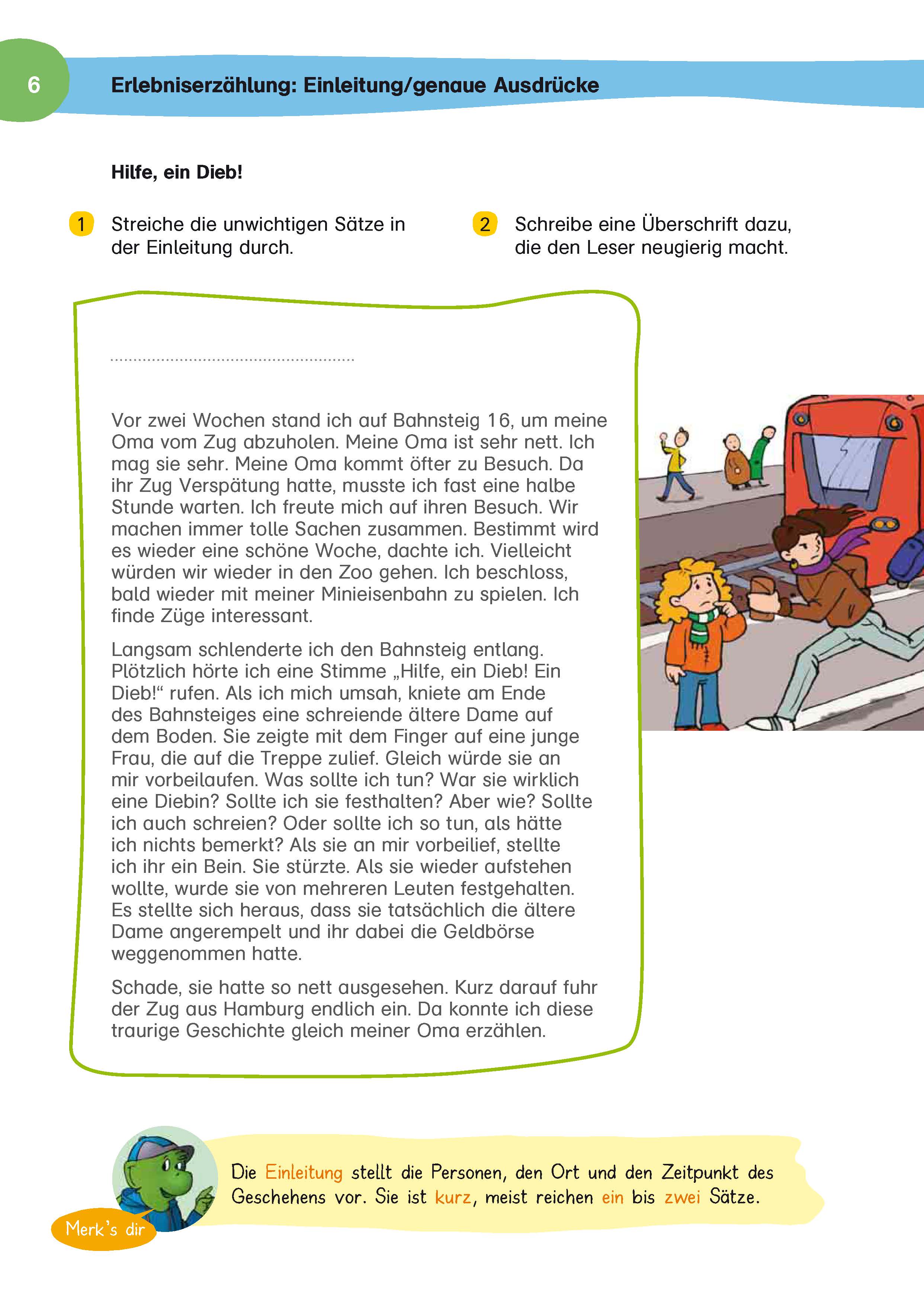 Eine deutschsprachige Lehrbuchseite mit einer Geschichte über einen Besuch bei der Oma mit dem Zug, Verständnisfragen und einer Illustration eines Zuges mit wartenden Fahrgästen am Bahnsteig.