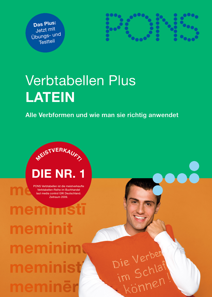 PONS Verbtabellen PLUS Latein für Rheinland-Pfalz Cover eines PONS Buches mit lateinischen Verbtabellen mit einem lächelnden Mann, der ein Kissen hält, einem roten Bestseller-Label und grünen und blauen Designelementen.