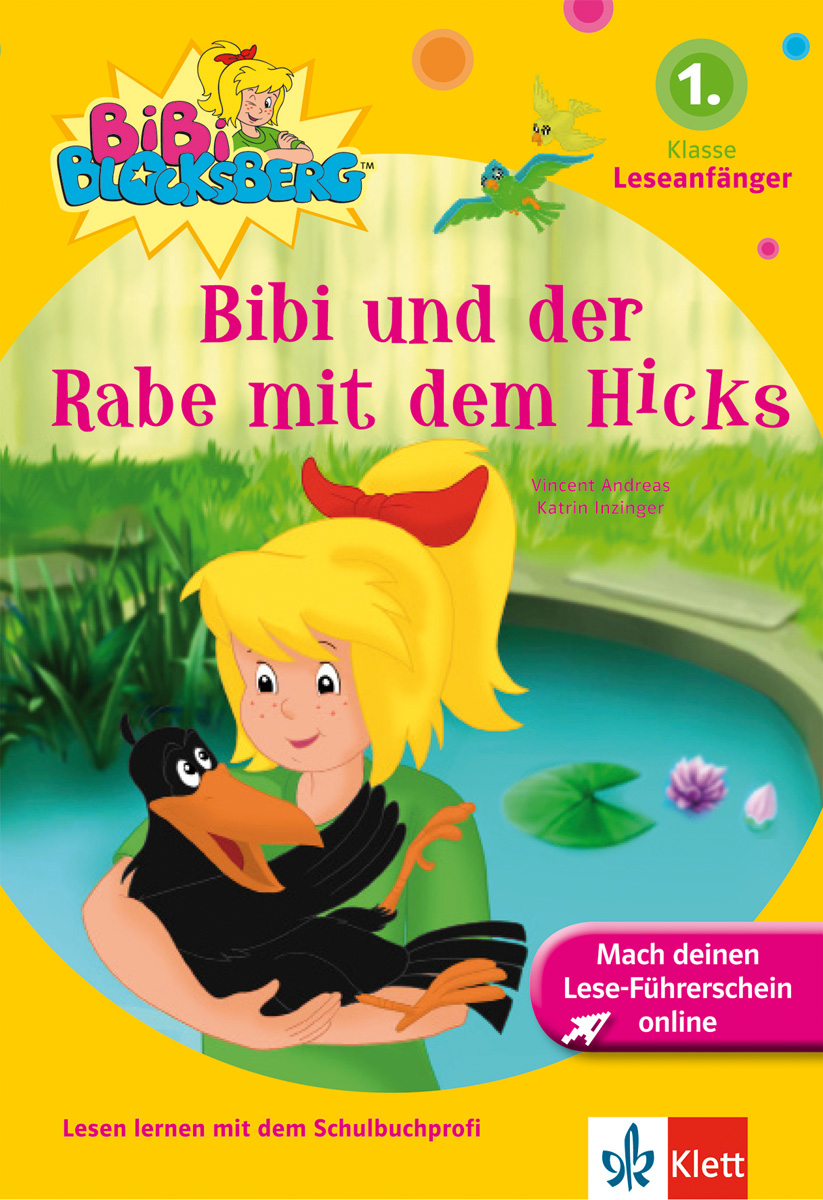 Ein Cartoon-Mädchen mit blondem Haar hält einen schwarzen Raben. Der Umschlagtext lautet Bibi und der Rabe mit dem Hicks. Der Hintergrund ist bunt mit verschiedenen Werbetextelementen.