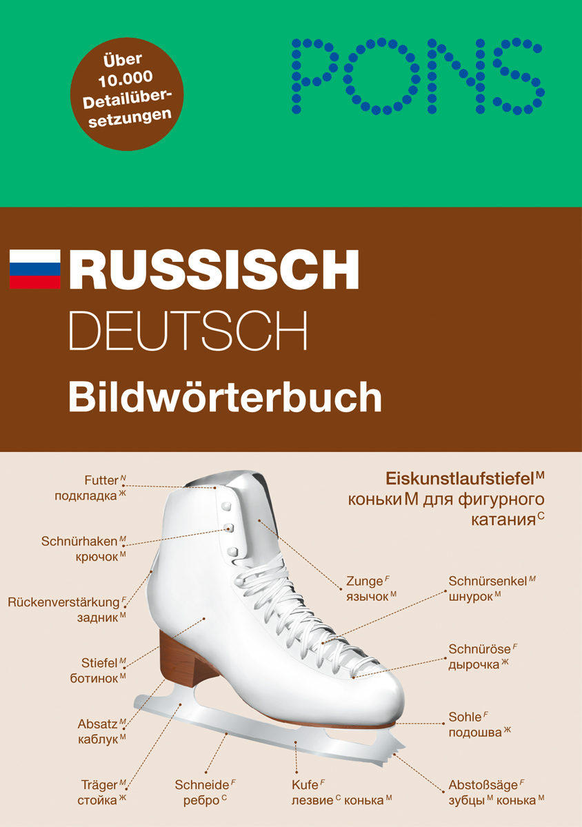 Umschlag eines russisch-deutschen Bildwörterbuchs von PONS mit der beschrifteten Abbildung eines Schlittschuhs, dessen Teile auf Russisch und Deutsch benannt sind.