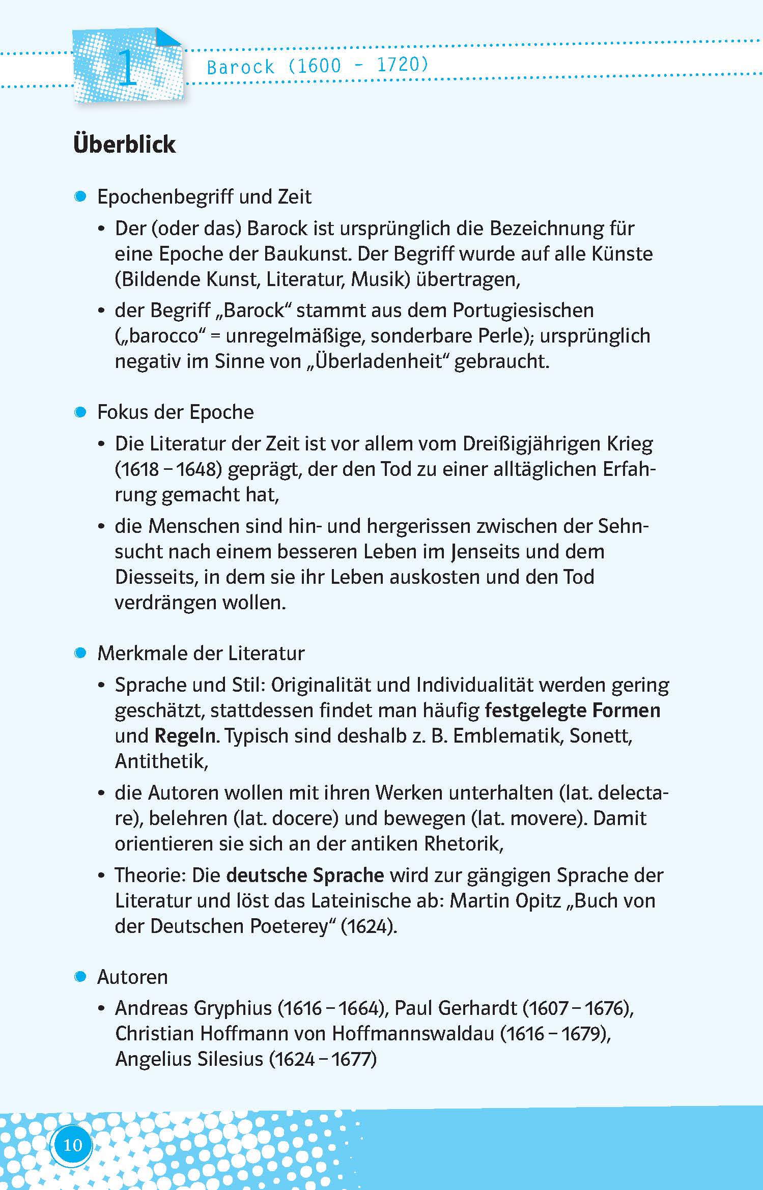 Eine deutsche Textseite mit der Überschrift Überblick, Aufzählungspunkten über die Barockzeit, ihre Merkmale und die Auswirkungen des Dreißigjährigen Krieges auf die Literatur.
