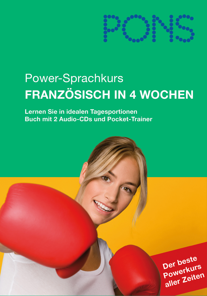 Eine lächelnde Frau mit roten Boxhandschuhen posiert vor einem grünen Hintergrund, der für einen vierwöchigen Französisch-Sprachkurs von PONS wirbt.