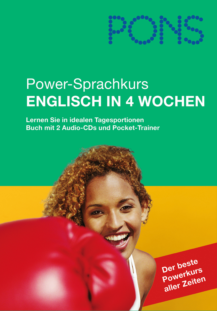 Unter dem Text, der für einen vierwöchigen Englischkurs von PONS wirbt, ist eine lächelnde Frau mit einem roten Boxhandschuh abgebildet.