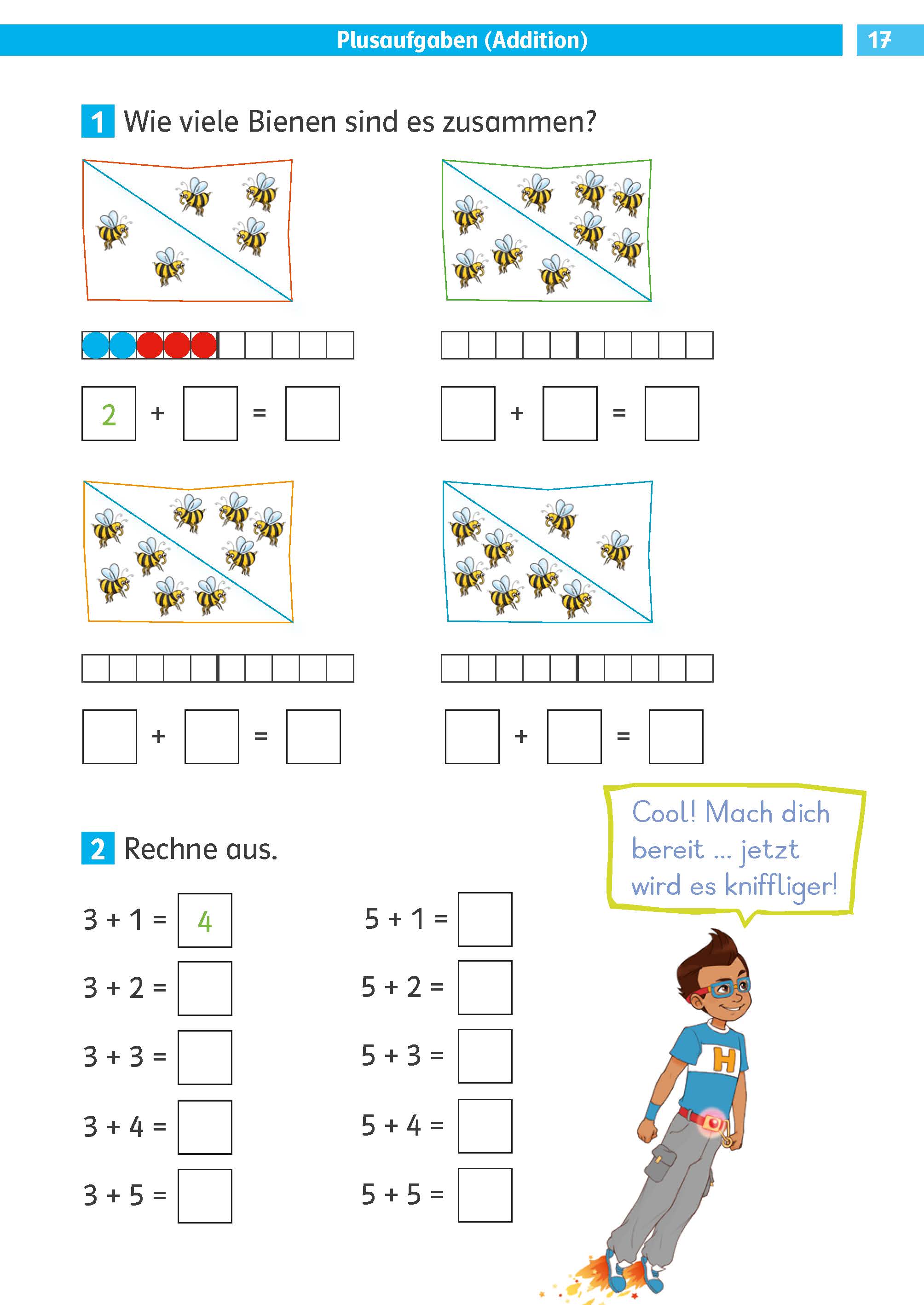 Ein Mathe-Arbeitsblatt für Kinder mit illustrierten Bienen-Additionsaufgaben und einer Zeichentrickfigur, die auf Deutsch Ermutigungen gibt.