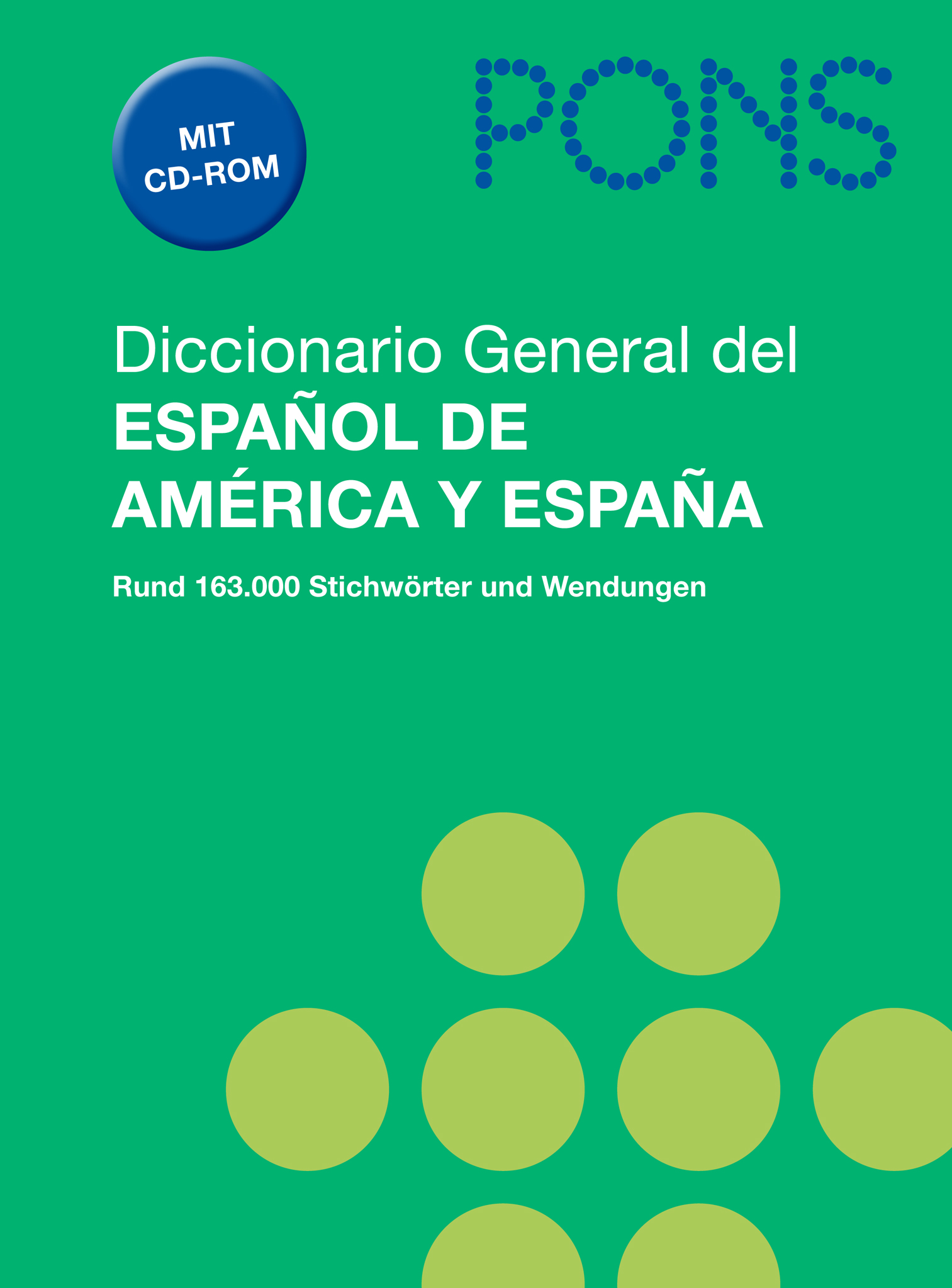 Umschlag des Diccionario General del Español de América y España von PONS mit Text in spanischer und deutscher Sprache und grünem und blauem geometrischem Muster.