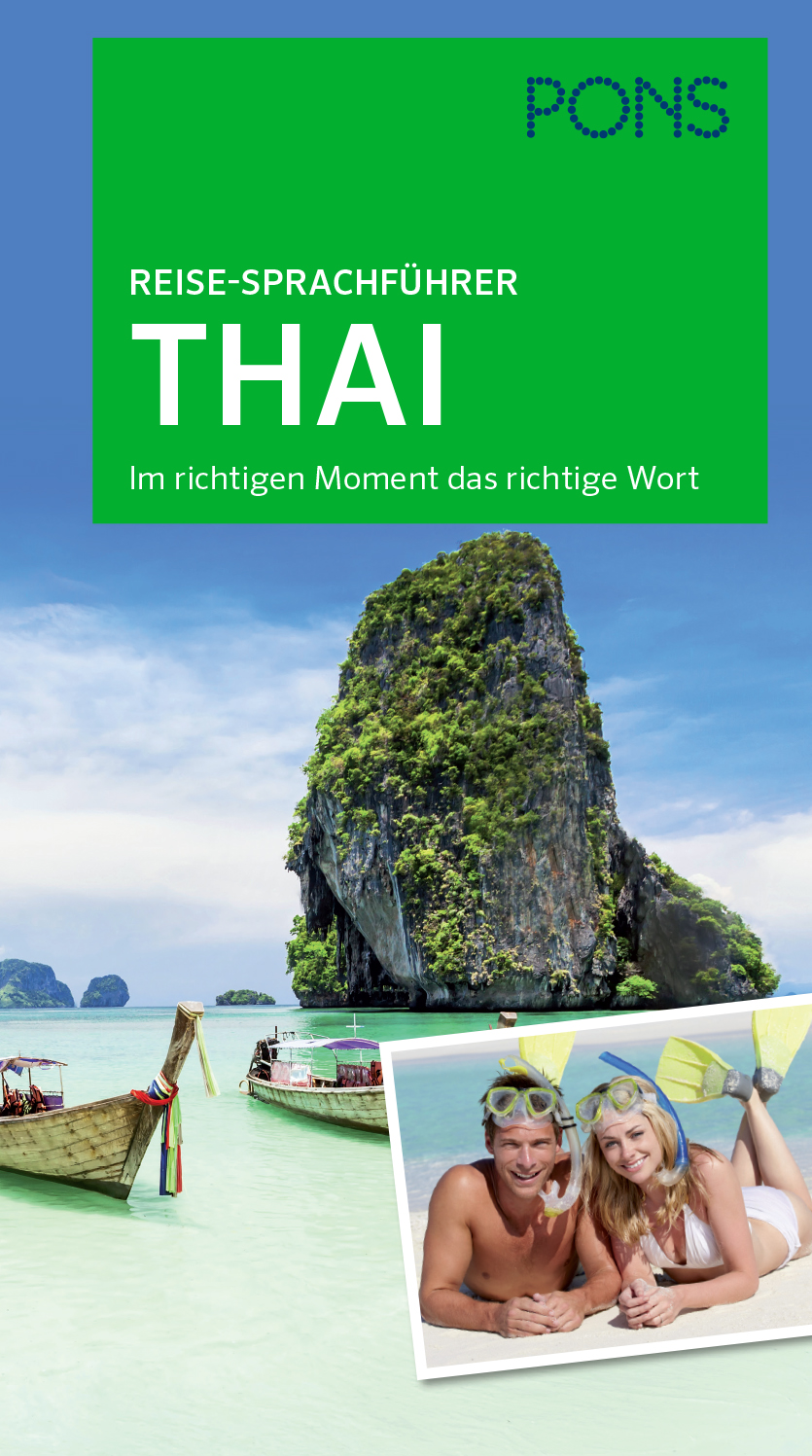 Umschlag eines thailändischen Reiseführers, der einen tropischen Strand mit Booten, einen Kalksteinfelsen und ein Foto von zwei lächelnden Menschen in Schnorchelausrüstung zeigt.