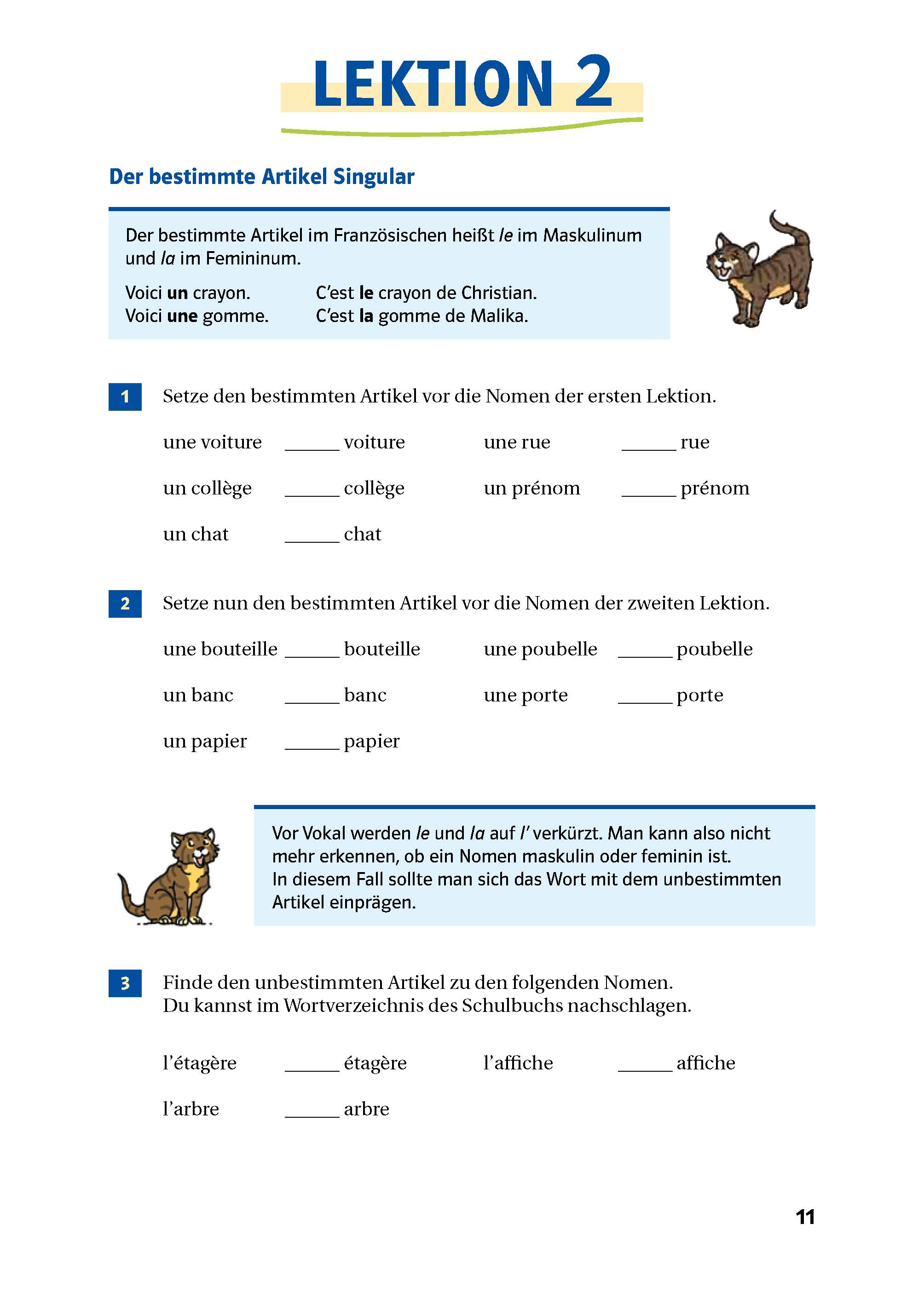 Arbeitsblatt mit dem Titel LEKTION 2 mit Übungen zur Wahl des richtigen bestimmten Artikels (le, la) für französische Substantive, illustriert mit zwei Zeichentrickkatzen.
