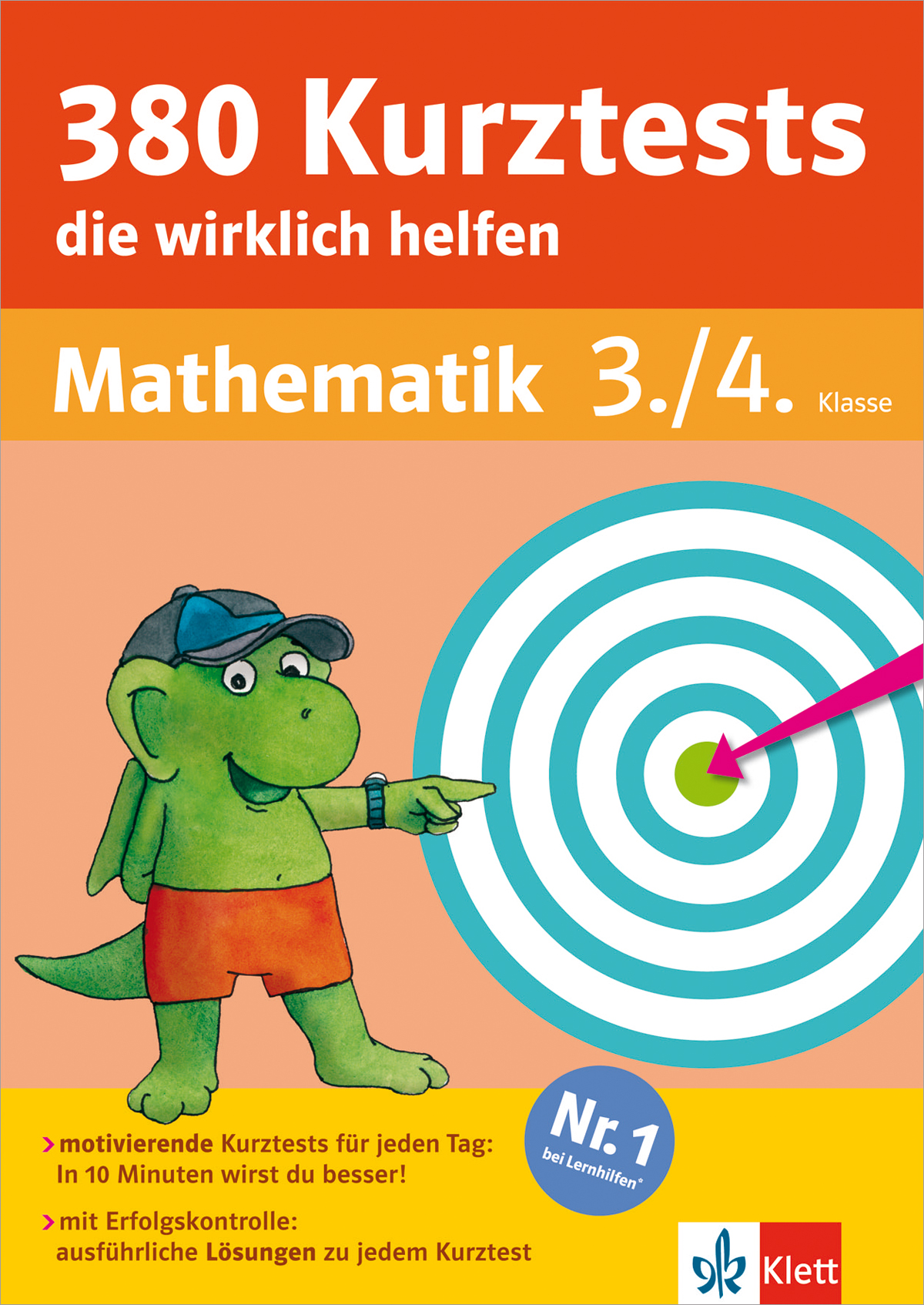 Ein grüner Cartoon-Dinosaurier zeigt auf eine Zielscheibe auf dem Cover eines deutschen Mathe-Arbeitsheftes für die 3. und 4. Klasse mit dem Titel 380 Kurztests, Mathematik 3./4. Klasse.