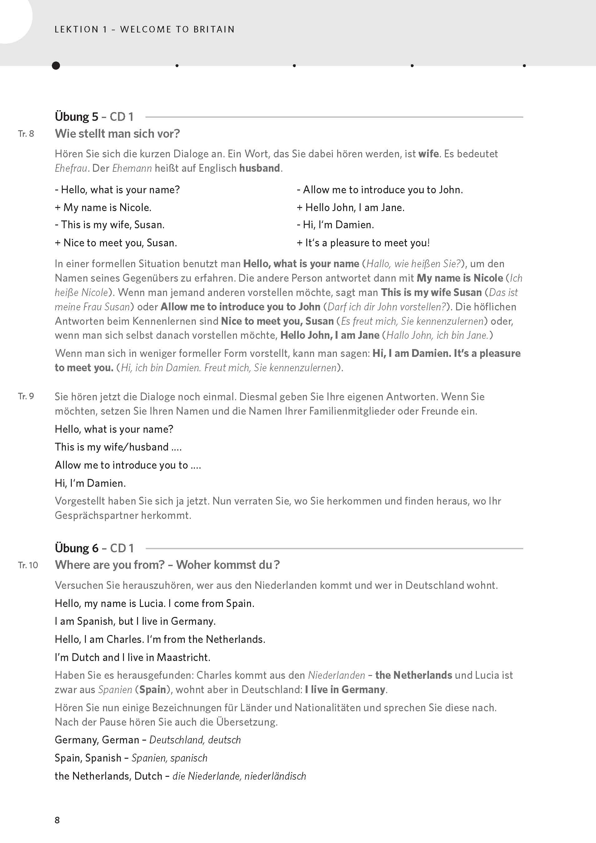 Eine Lehrbuchseite mit englischen Dialogbeispielen für Begrüßungen und Vorstellungsgespräche, mit deutschen Übersetzungen und Erklärungen für formelle und informelle Situationen.