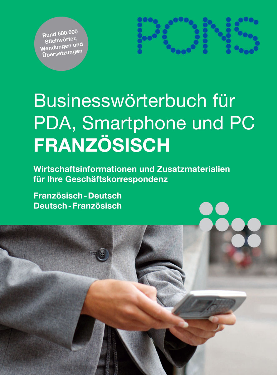 Cover eines deutsch-französischen Business-Wörterbuchs für PDA, Smartphone und PC, das eine Person zeigt, die ein Smartphone und ein Tablet benutzt.