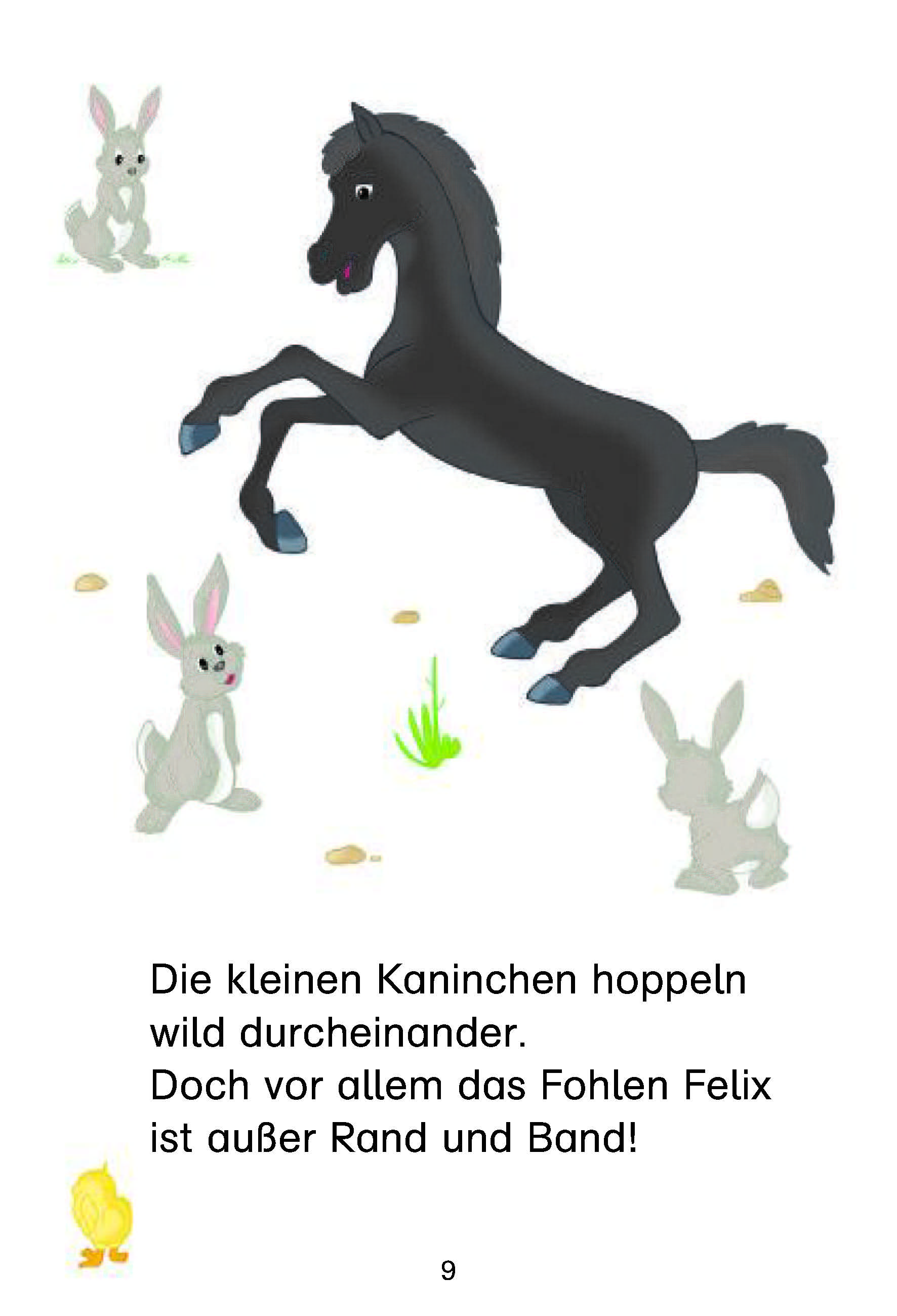 Ein schwarzes Fohlen tänzelt energisch zwischen vier hellgrauen Kaninchen im Gras umher, mit einem kurzen deutschen Gedicht am unteren Bildrand.