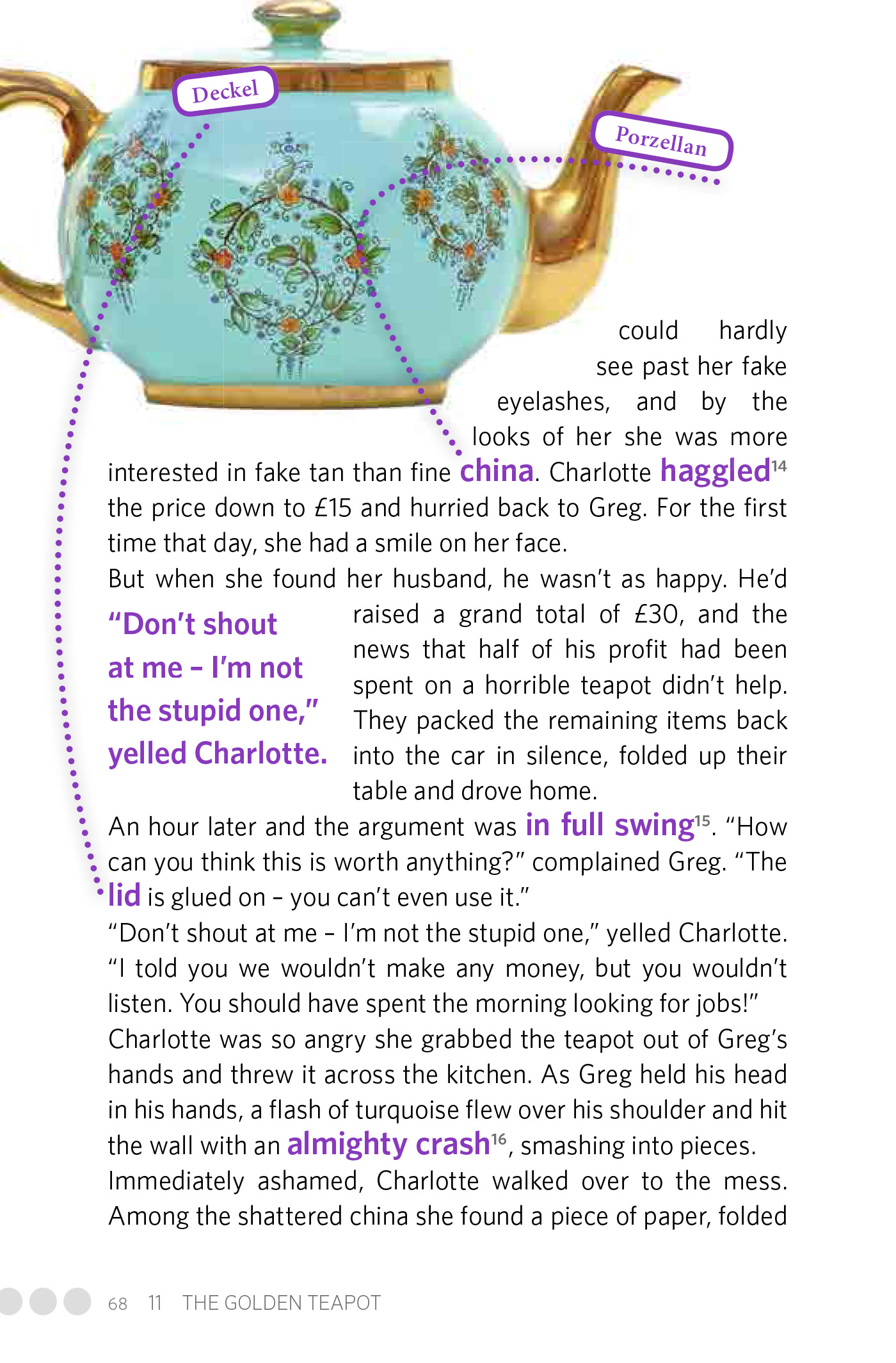 Eine bunte Buchseite enthält Text, Dialoge in verschiedenen Farben und hervorgehobene Wörter wie Deckel und Porzellan. Es gibt dekorative Elemente wie gepunktete Linien und kleine Illustrationen.