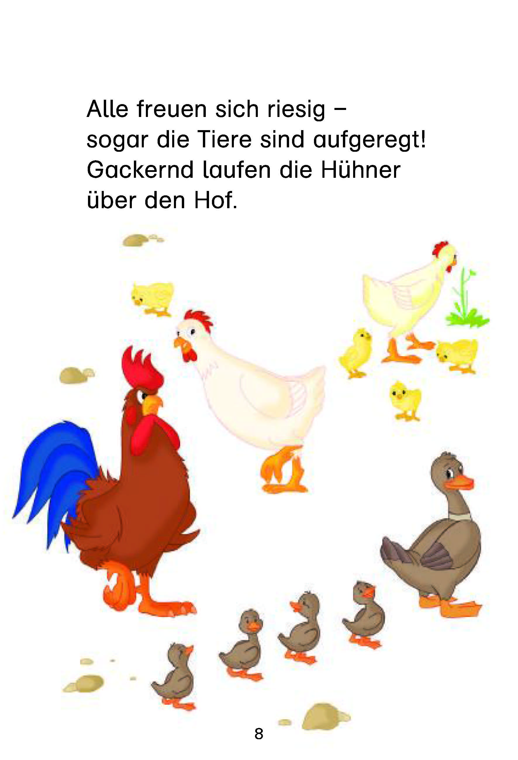 Eine Gruppe von Hühnern, Küken, ein Hahn und Enten mit Entenküken sind versammelt und laufen auf einem Bauernhof herum. Über ihnen ist ein deutscher Text zu lesen.