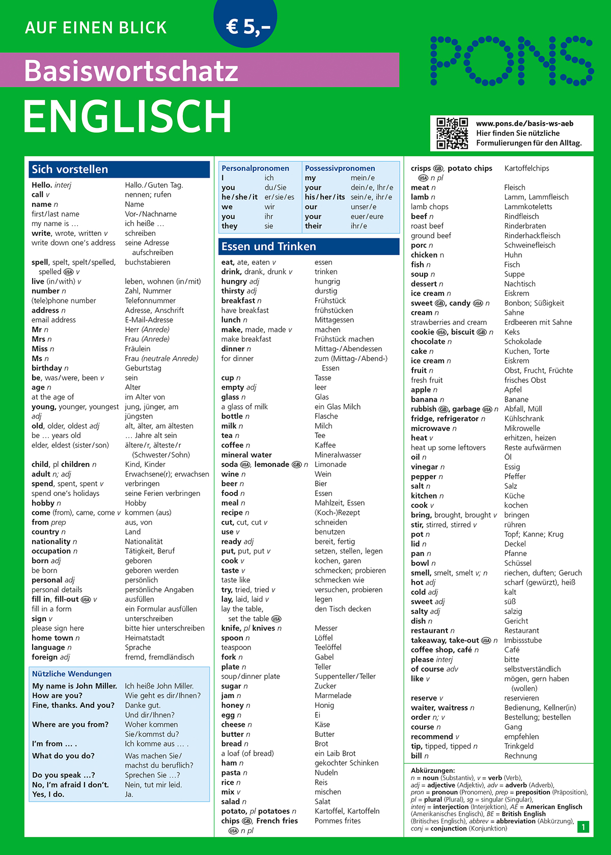 Eine deutsch-englische Vokabeltabelle von PONS mit Grundwörtern und -sätzen für Einleitungen, wichtige Verben, Essen, Trinken und Alltagsgegenstände, geordnet nach Themen in Spalten.