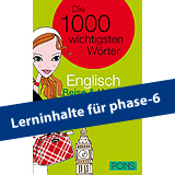 Buchumschlag mit einer Cartoon-Frau, Big-Ben-Illustration und deutschem Text: Die 1000 wichtigsten Wörter Englisch. Auf einem blauen Banner steht Lerninhalte für phase-6.