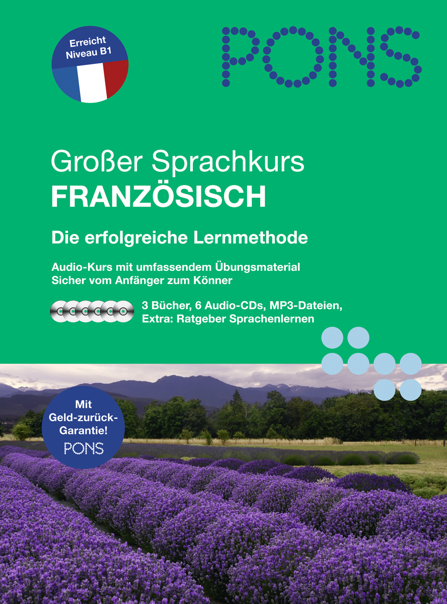 PONS Großer Sprachkurs Französisch Umschlag eines PONS-Französischkursbuchs mit lavendelfarbenem Feld, grünem Himmelsbanner und Text, der für Lernressourcen und eine Geld-zurück-Garantie wirbt.