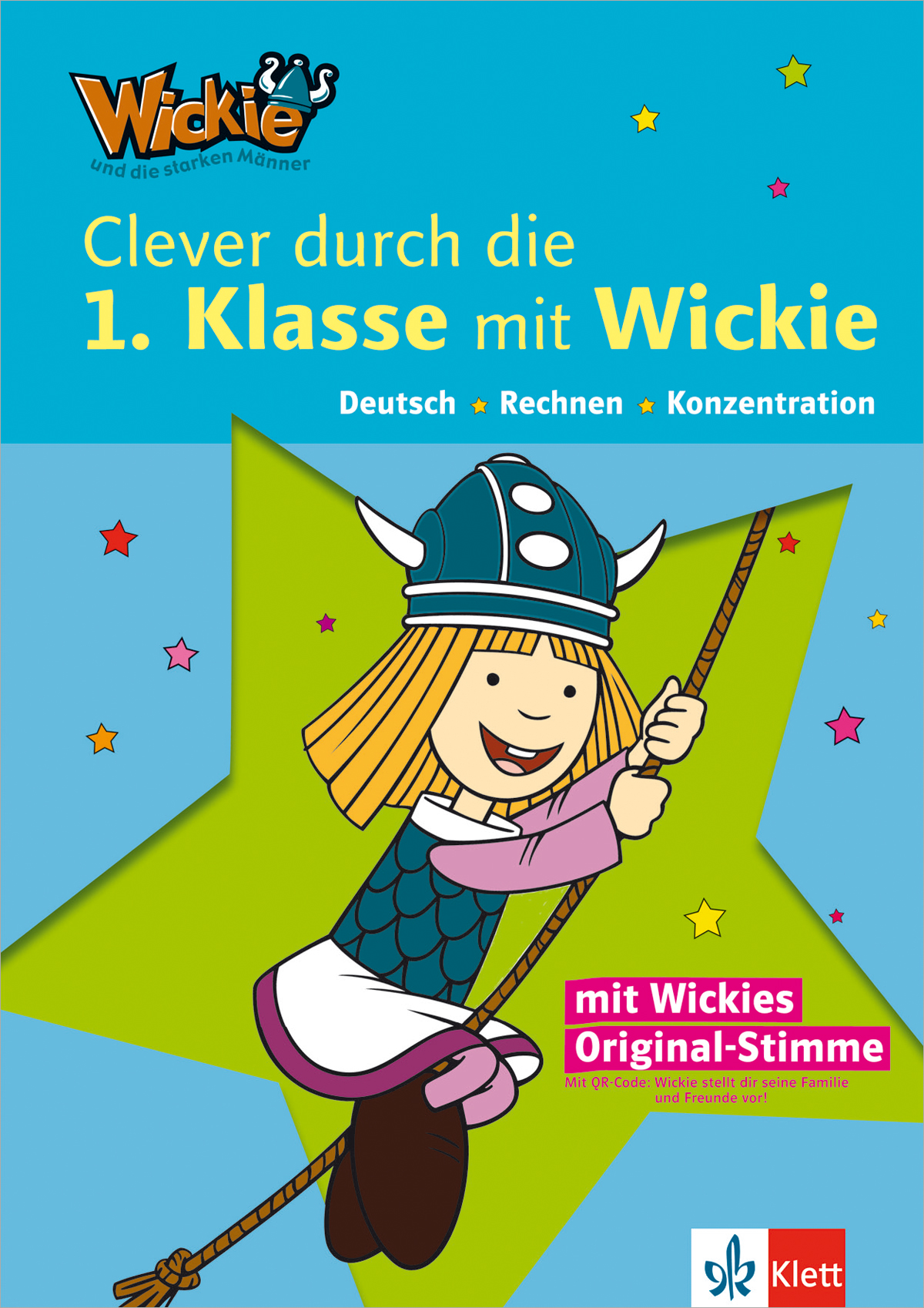 Buchumschlag mit der Zeichentrickfigur Wickie im Wikinger-Outfit, die vor einem grünen Stern hüpft, mit deutschem Text zur Förderung des Lernens in der ersten Klasse.
