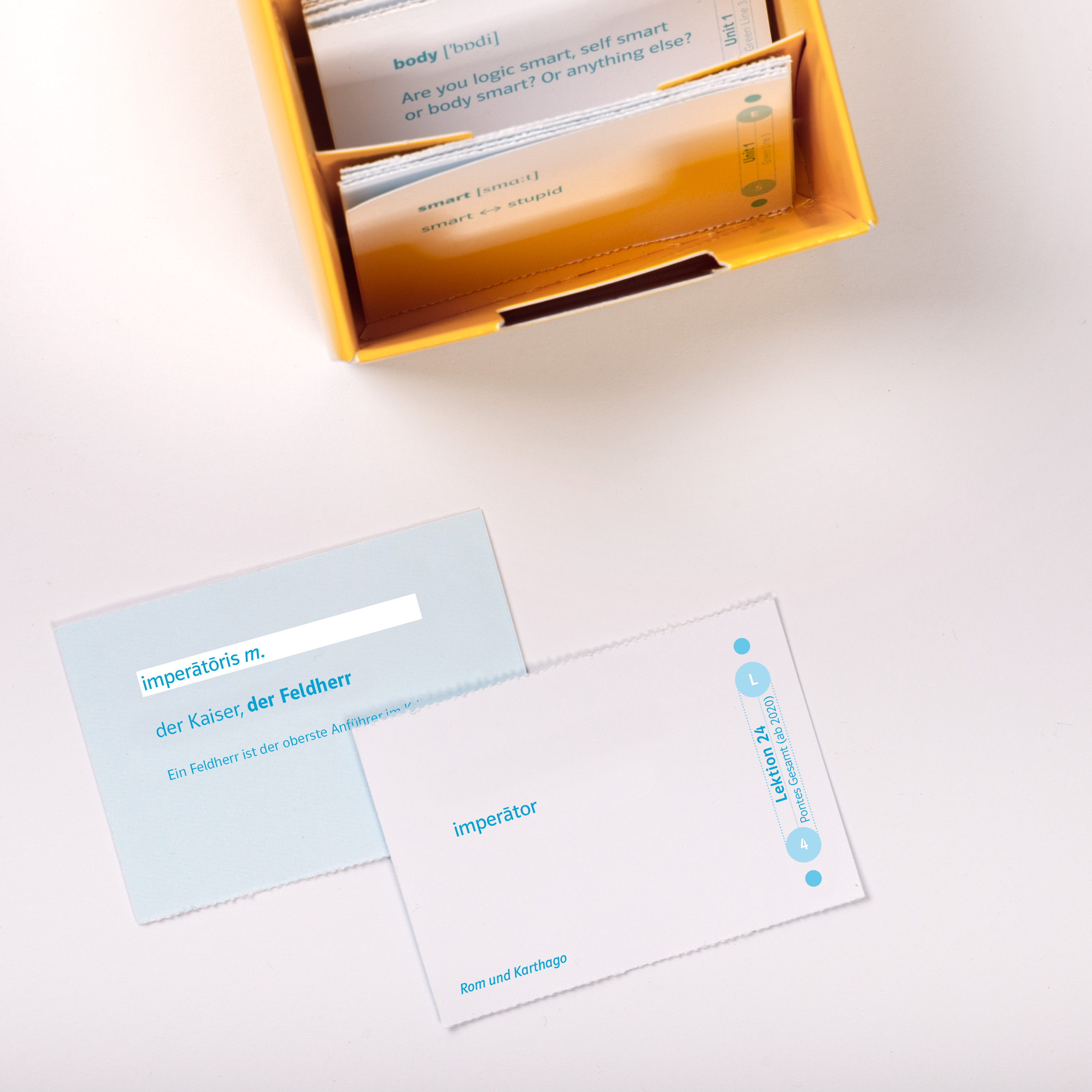 Eine gelbe Schachtel enthält weiße und blaue Vokabelkarten, wobei zwei Karten mit deutschen Wörtern und Definitionen auf eine weiße Fläche gelegt werden.