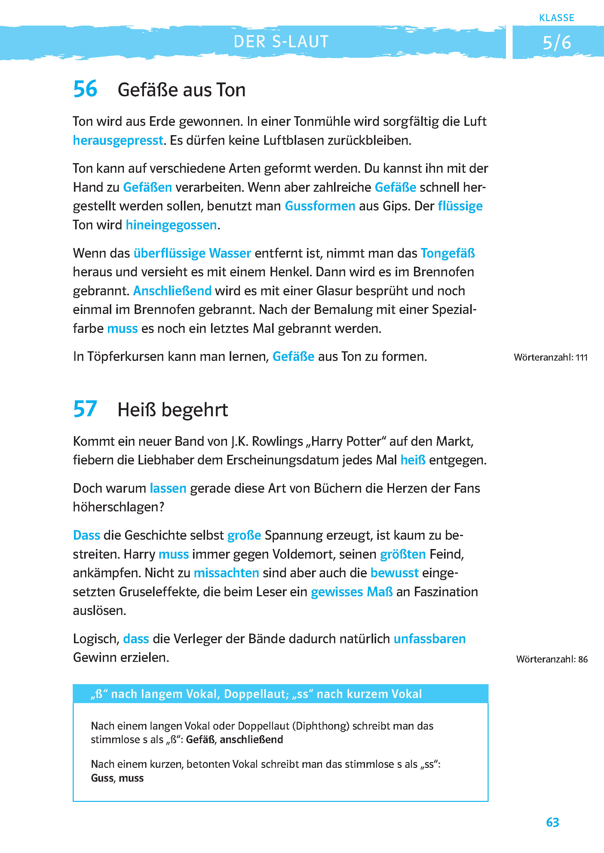 Eine deutschsprachige Lehrbuchseite mit dem Titel DER S-LAUT mit Abschnitten über Gefäße aus Ton und Heiß begehrt, begleitet von blauen Hervorhebungen und einem Vokabelkasten auf der rechten Seite.