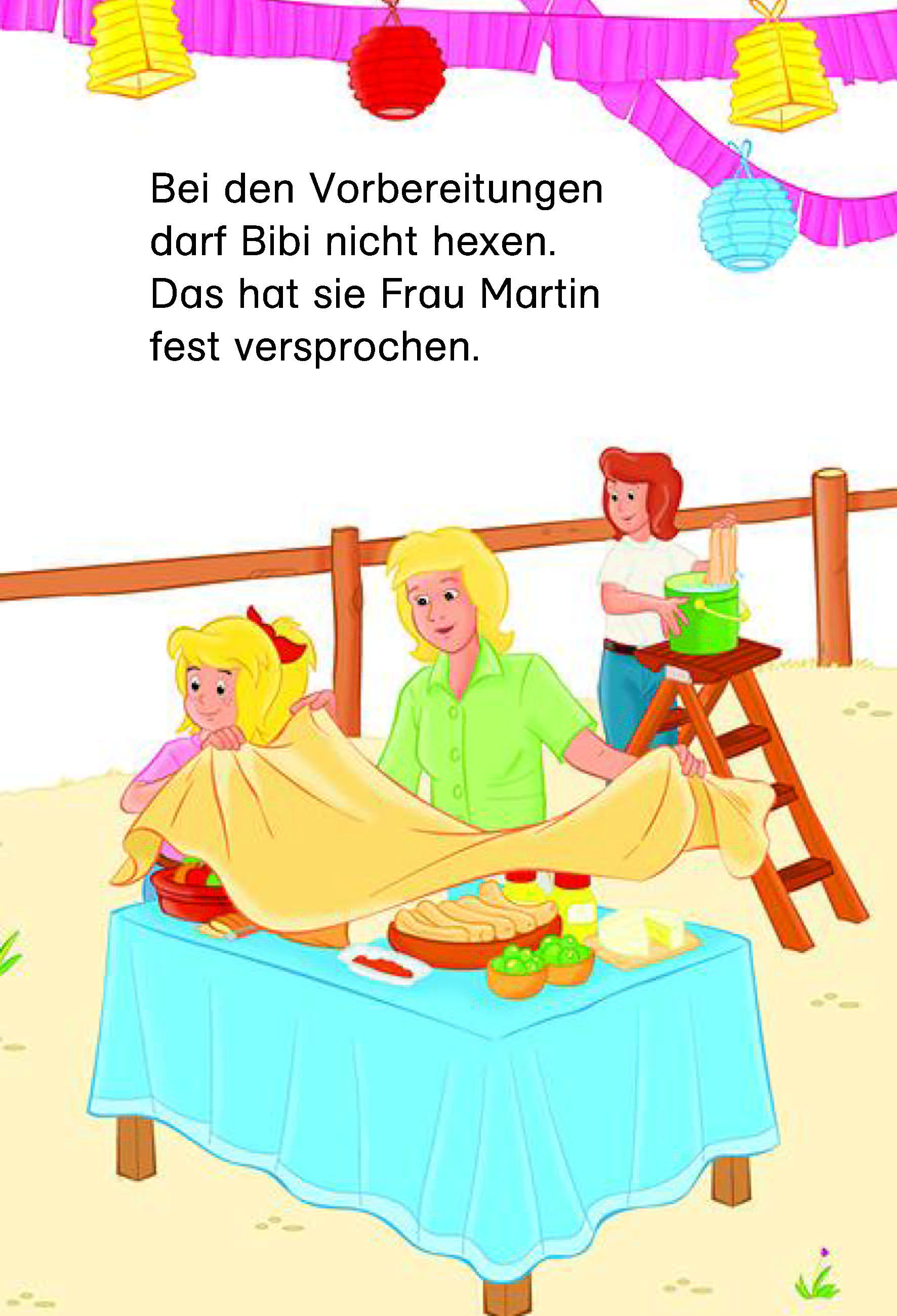 Drei Personen bereiten im Freien unter bunten Papierdekorationen einen Tisch mit Speisen vor. Eine Person deckt den Tisch, während eine andere auf einer Leiter steht und Laternen aufhängt. Über ihnen ist ein deutscher Text zu sehen.