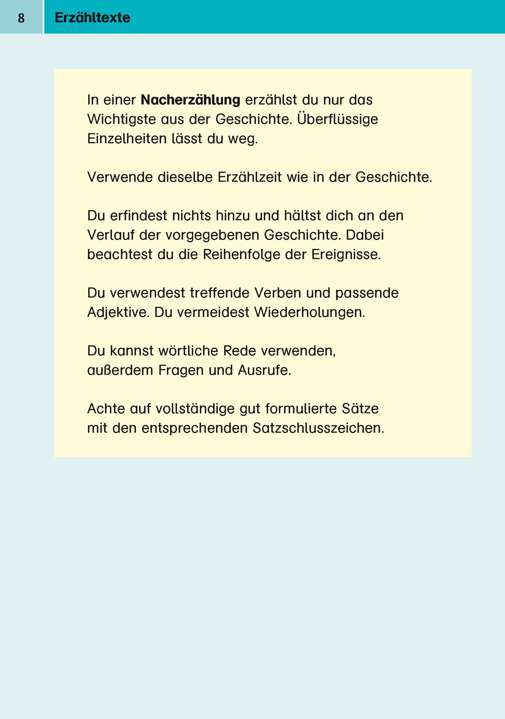 Seite mit deutschem Text, der Anweisungen zum Verfassen einer Zusammenfassung gibt, einschließlich Tipps zu Reihenfolge, Wortwahl, Vermeidung von Wiederholungen und Verwendung vollständiger Sätze.