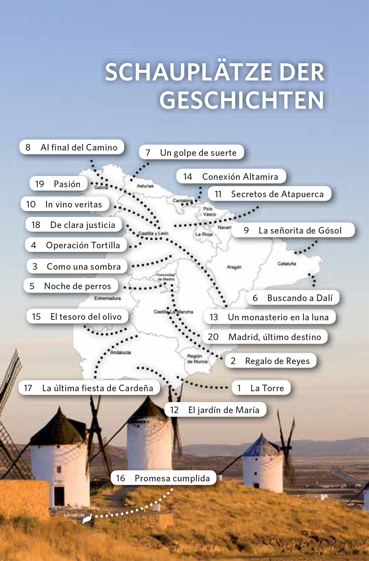 Karte von Spanien mit beschrifteten Orten und nummerierten Titeln in spanischer Sprache, überlagert von einem Bild mit Windmühlen unter einem bewölkten Himmel.