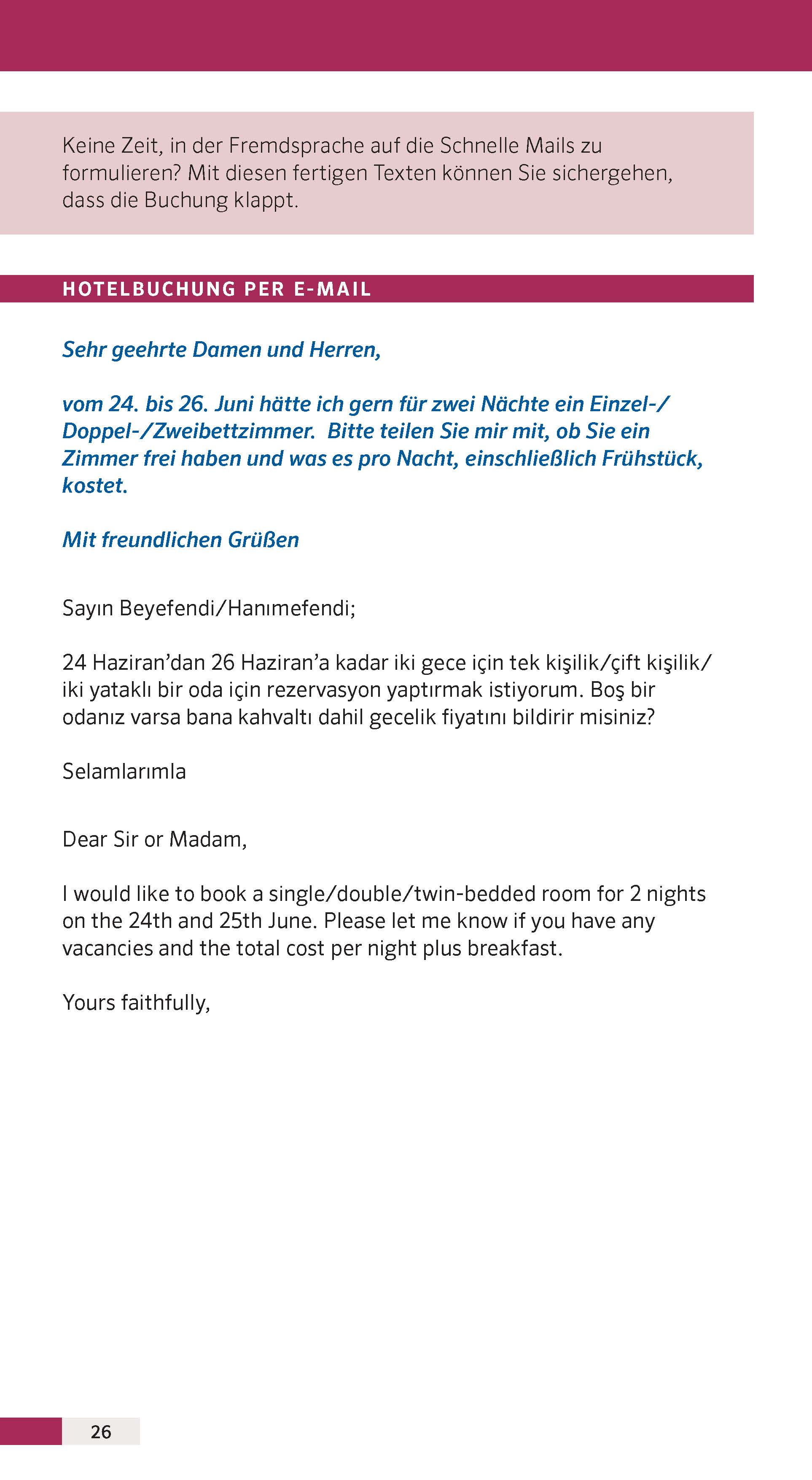 Eine zweisprachige E-Mail-Vorlage in Deutsch und Türkisch fragt nach der Verfügbarkeit von Hotelzimmern und den Preisen für einen Aufenthalt von zwei Nächten, einschließlich Frühstück, und bietet Platz für die Eingabe von Gästedaten.