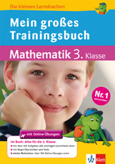 Umschlag eines deutschen Mathe-Arbeitsheftes für die 3. Klasse mit dem Titel Mein großes Trainingsbuch Mathematik 3. Klasse, das ein Kind und einen Zeichentrickdrachen zeigt.