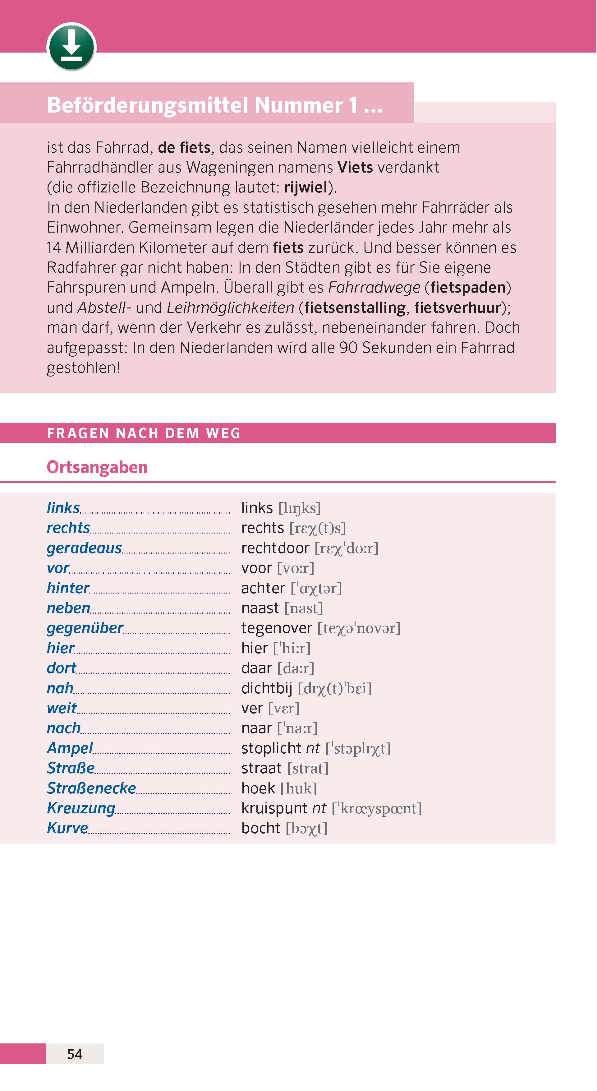 Ein deutschsprachiger Informationsflyer über das Radfahren in den Niederlanden mit Text, einer rosafarbenen Kopfzeile, einem Radfahrersymbol und einem Frageteil am unteren Rand.
