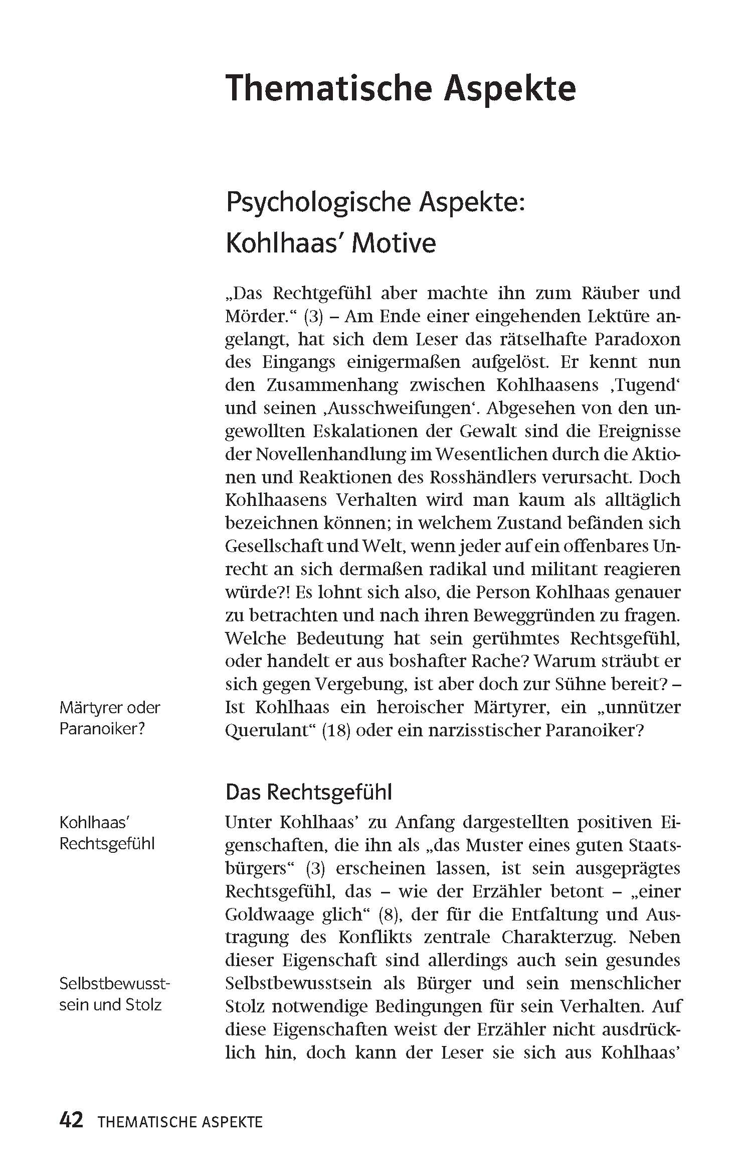 Auf einer Deutschlehrbuchseite werden psychologische Aspekte von Kohlhaas' Motiven in der Literatur erörtert, einschließlich Themen wie Gerechtigkeit, Paranoia und Selbsterkenntnis, mit Überschriften und einem Textauszug.
