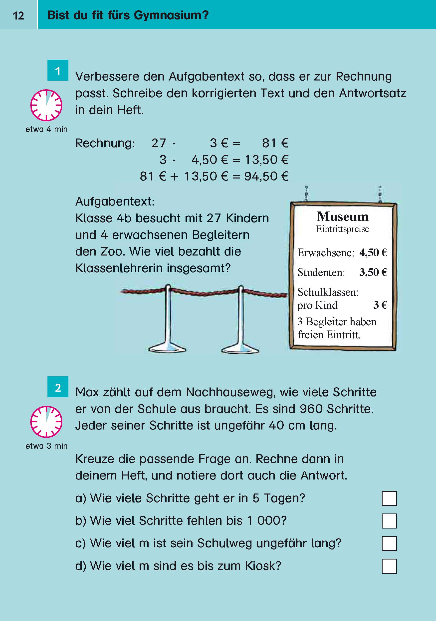 Ein deutsches Mathe-Arbeitsblatt mit einem Szenario für einen Zoobesuch, einem Schild mit den Fahrpreisen und Fragen für die Schüler zur Berechnung der Gesamtkosten und der Schritte, die nötig sind, um einen Schulbus zu erreichen.